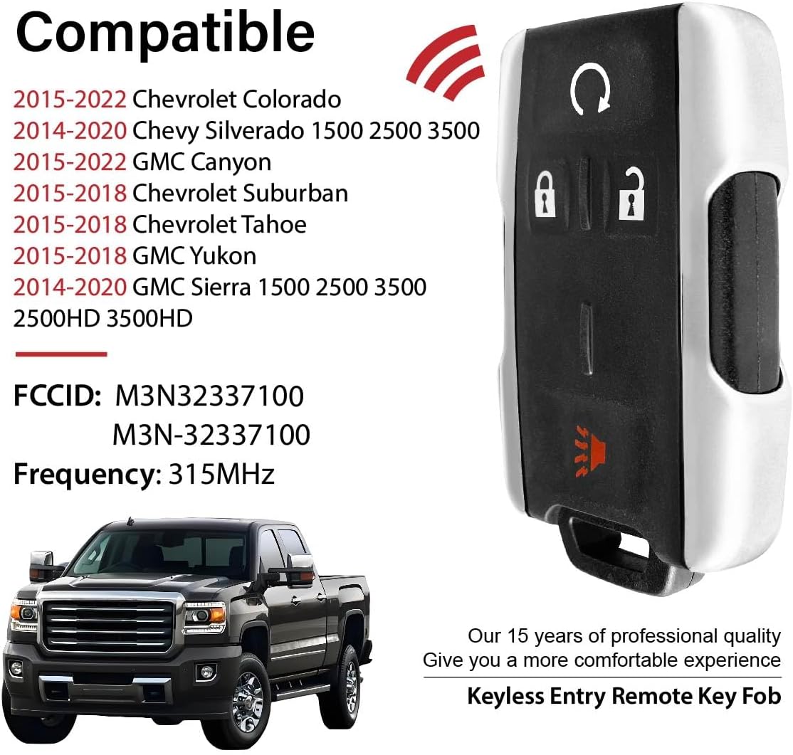 Replacement for 2014 - 2022 Chevrolet Colorado Suburban Tahoe Silverado GMC Sierra 1500 2500 HD 3500 HD Yukon Canyon Key Fob Remote Control M3N-32337100 4 Buttons 315MHz