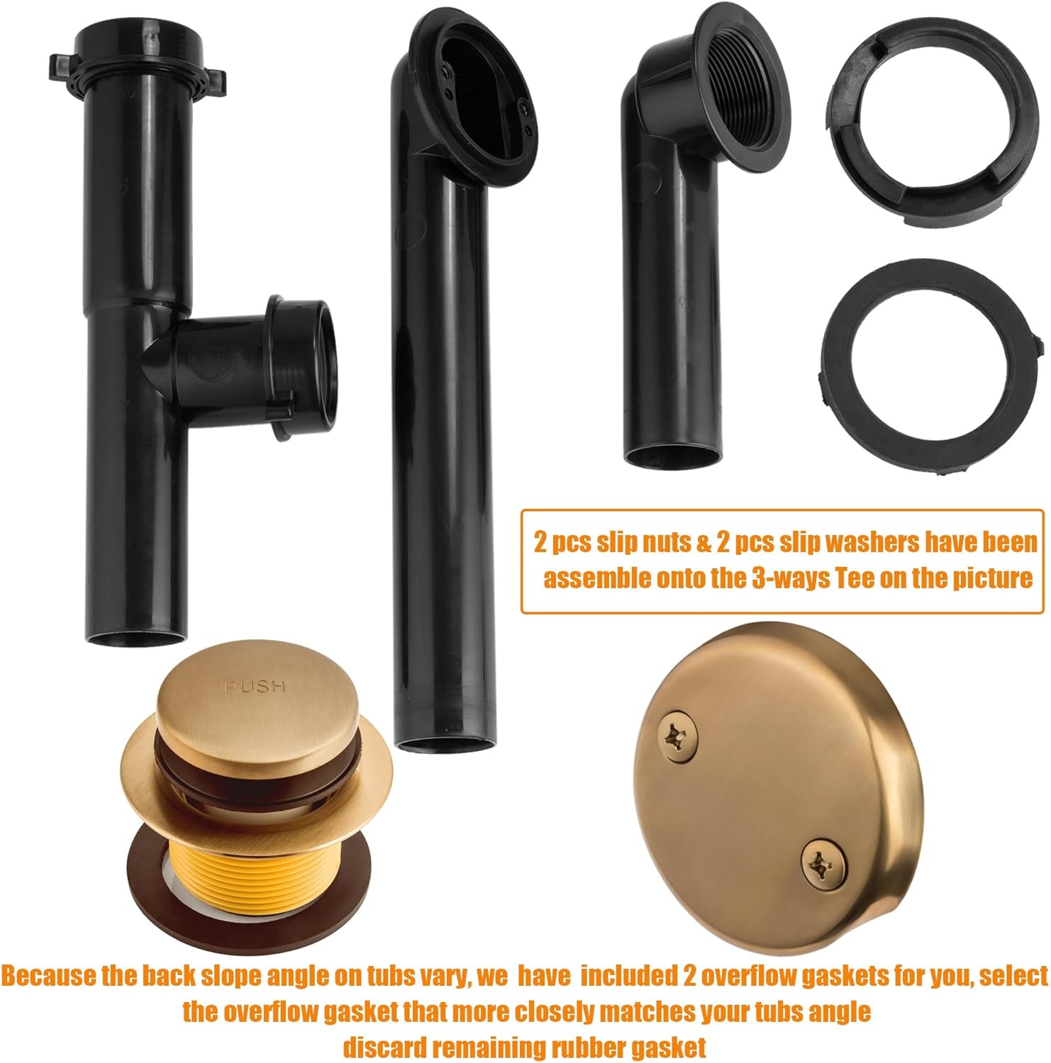 Artiwell 1-1/2'' Black Tubular Bath Drain Kit with Tip-Toe Bath Drain Stopper & Overflow Plug, Champagne Bronze