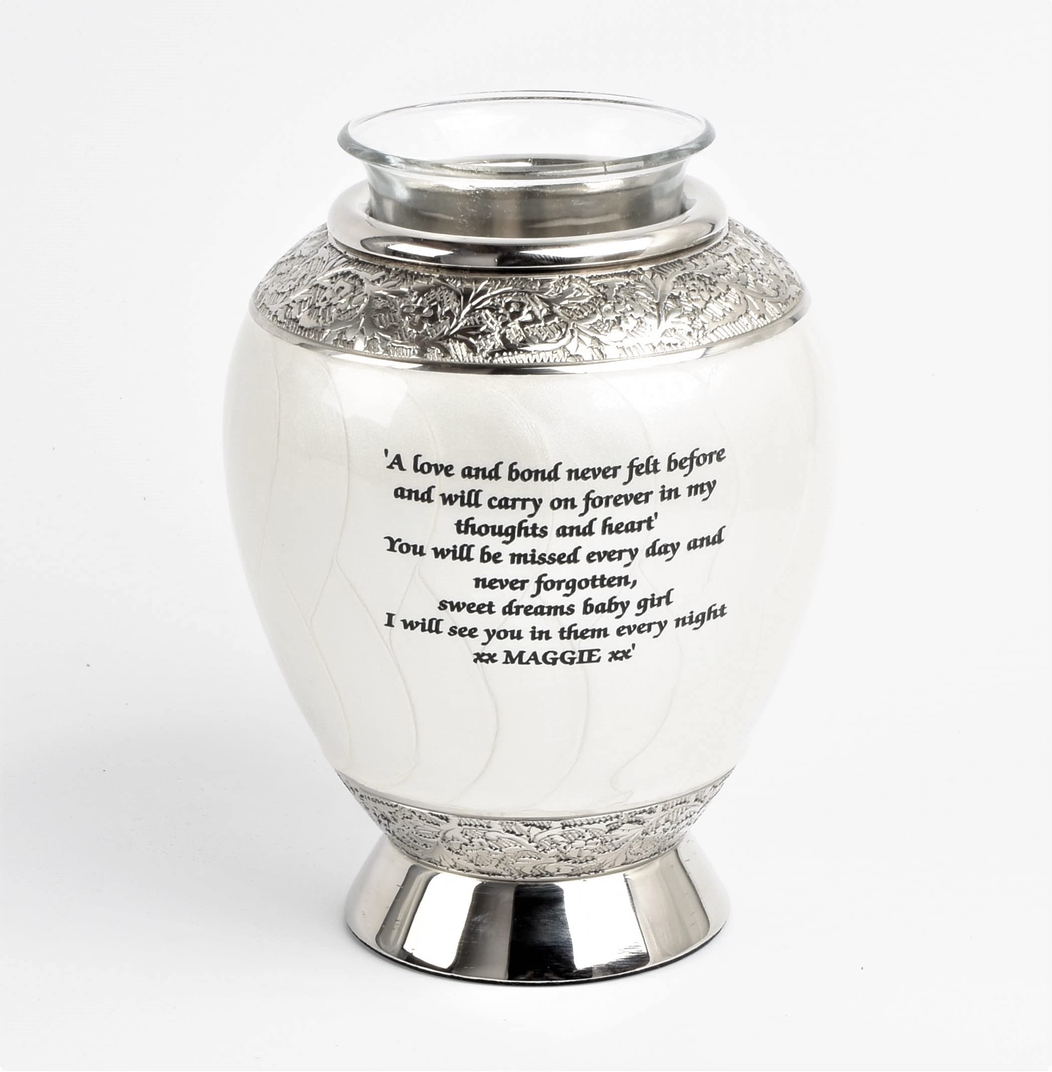 Mini Memorial Tealight Ashes Urn Candle Holder Child Pet Human Brass Aluminium Keepsake (White- Text Engraved)