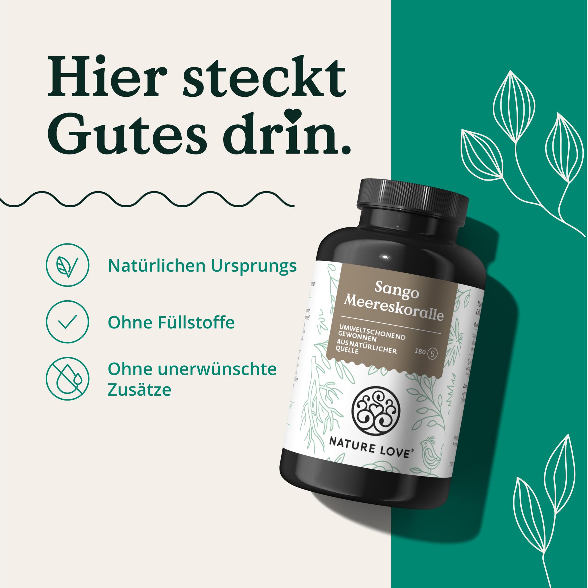 NATURE LOVE® Sango Meereskoralle - 180 Kapseln - Natürliche Quelle für Calcium (20%) und Magnesium (10%) im körpereigenen Verhältnis von 2:1 - laborgeprüft und in Deutschland produziert.