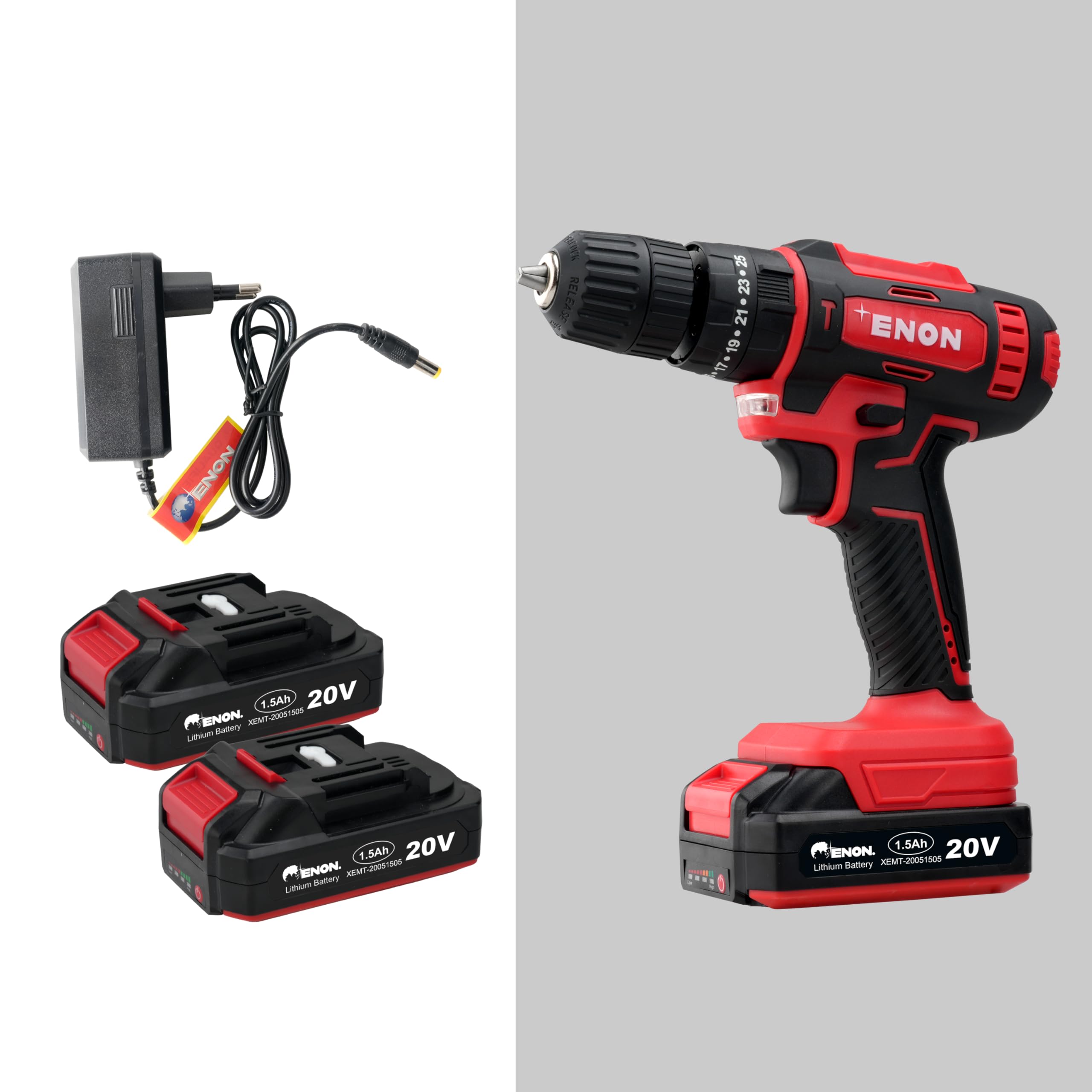 Enon Cordless Impact Drill/Driver for Home Use, 20V, 1500RPM, 22NM Torque, Keyless Chuck 10mm, 25 Level Torque, 2 Speed Modes, 3 Setting Modes, 2 x 1500mAh Batteries, 6 Months Warranty (XE-CD2010) 2