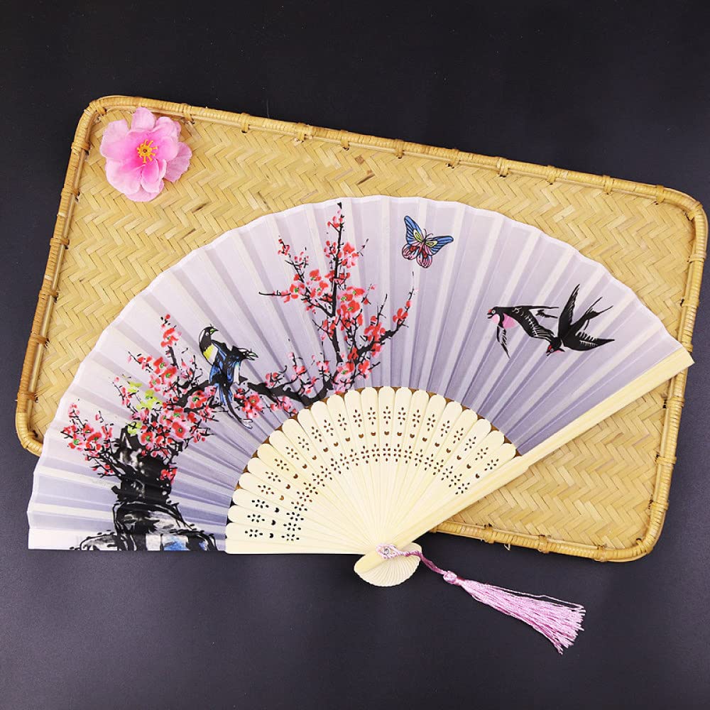NZPOST Folding Fan Handheld, Handmade Silk Fans Elegant Butterfly Bird Illustration Hand Held Fans With Tassel Grey Oriental Cloth Fabric Chinese Fans