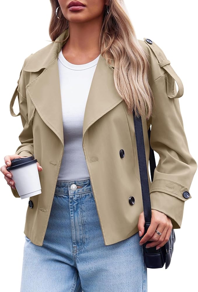 Tankaneo Women's Short Trench Coat Casual Double Breasted Short