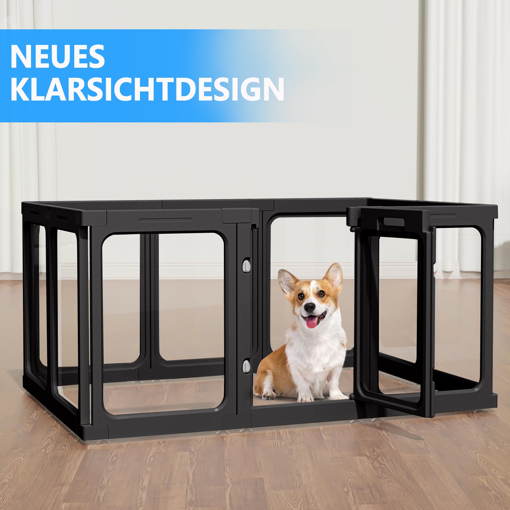 60cm/75cm Klarer Acrylplastik Welpenlaufstall, Transparenter Hundelaufstall mit Tür, Leicht reinigen, Welpenauslauf für Wohnung (Schwarz, 60cm Höhe, 9+1 (10 Stück))