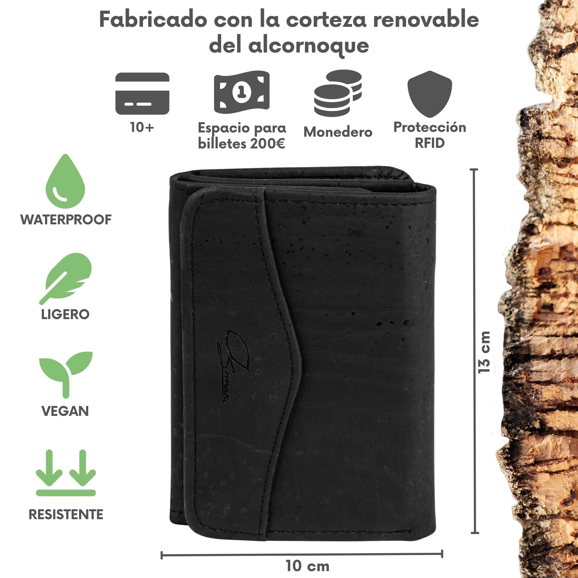 Simaru Cartera de Corcho para Mujer con Protección RFID, Monedero Vegano para 9 Tarjetas con Compartimentos para Billetes y Monedas, Sostenible y Fabricada en Europa (Negro)