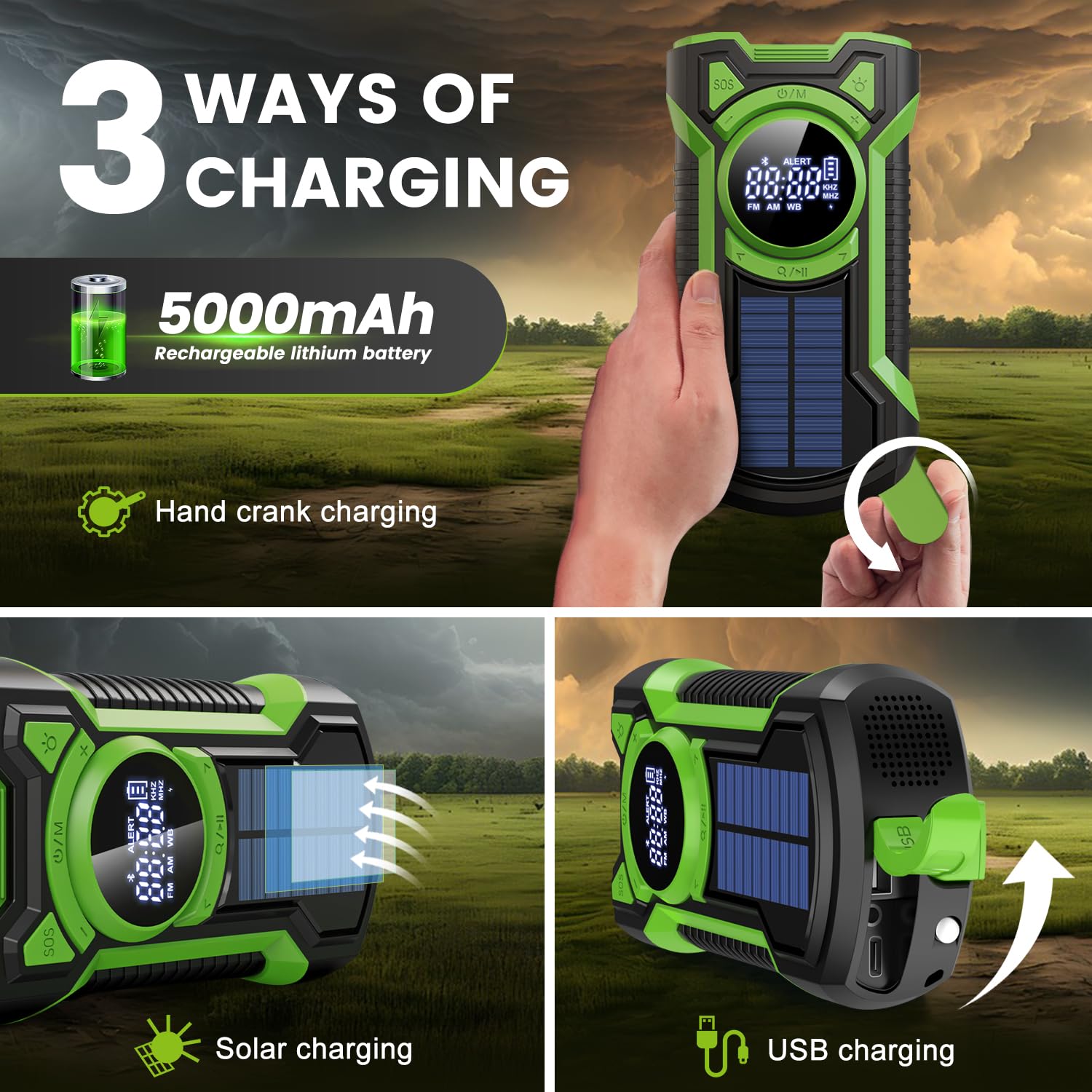 Radio impermeable IPX5 de emergencia meteorológica, Bluetooth portátil AM/FM/NOAA, radio de manivela de mano, carga solar, con linterna y cargador de teléfono celular de 5000 mAh, radio USB o batería