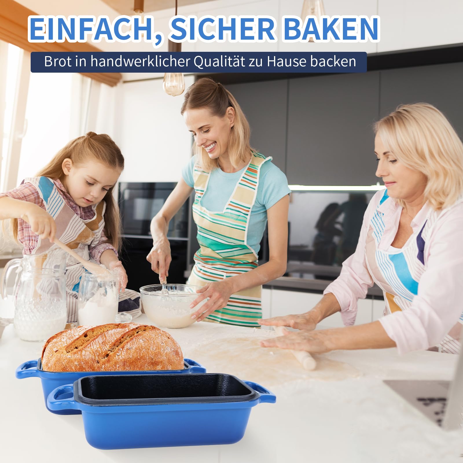 An & Guo Gusseisen Brotbackform mit Deckel, 22,96 × 12,78 cm, schwerlastig & langlebig, für selbstgebackenes Brot, backofengeeignet – 2er Set - Kastenform für Sauerteigbrot (MeeresBlau)