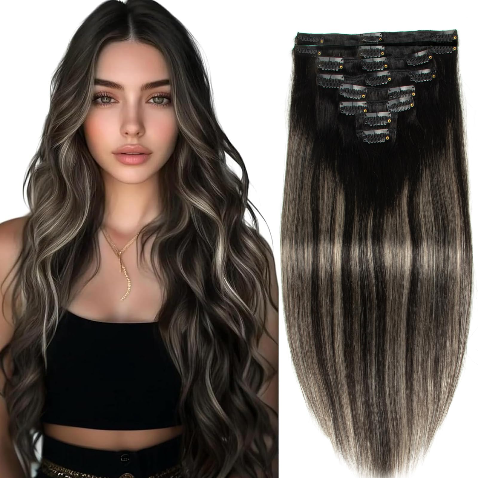 Clip in Hair Extensions Real Human Hair Natural Black Grey Clip-in Hair Extensions 3.6oz/100g Clip ins 100% Brazilian Remy Human Hair for Women Straight 8pcs with 18 Clips Double Weft 20 Inch