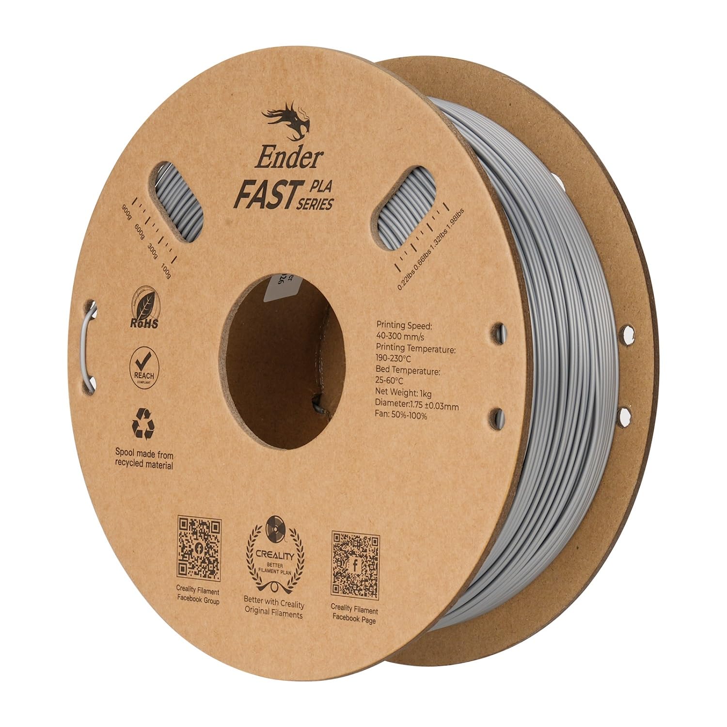 Creality Ender PLA Filamento 1.75mm, ad Alta Velocità 300mm/s senza Aggrovigliamento per Stampante 3D, Precisione Dimensionale +/- 0.02mm, No-Tangling, per la Stampa 3D (Argento*1 Pezzo)
