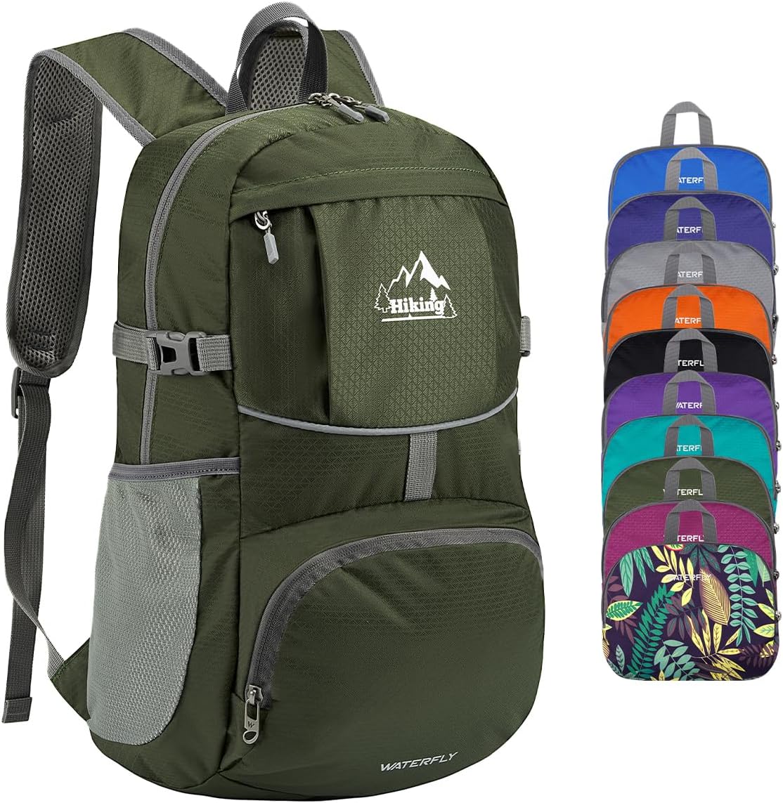 WATERFLY Mochila de senderismo pequeña, ligera y plegable, mochila de viaje | Mochila de 25 litros, Nylon resistente al agua, Se pliega al tamaño de una billetera, Correa para el pecho con silbato, Correas de malla transpirable para viajes al aire libre