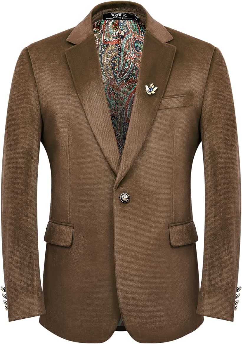 Men’s Velvet Blazer for Casual Men’s Blazer one-Button Lapel Tuxedo with Brooch Dinner Party Wedding Prom Party