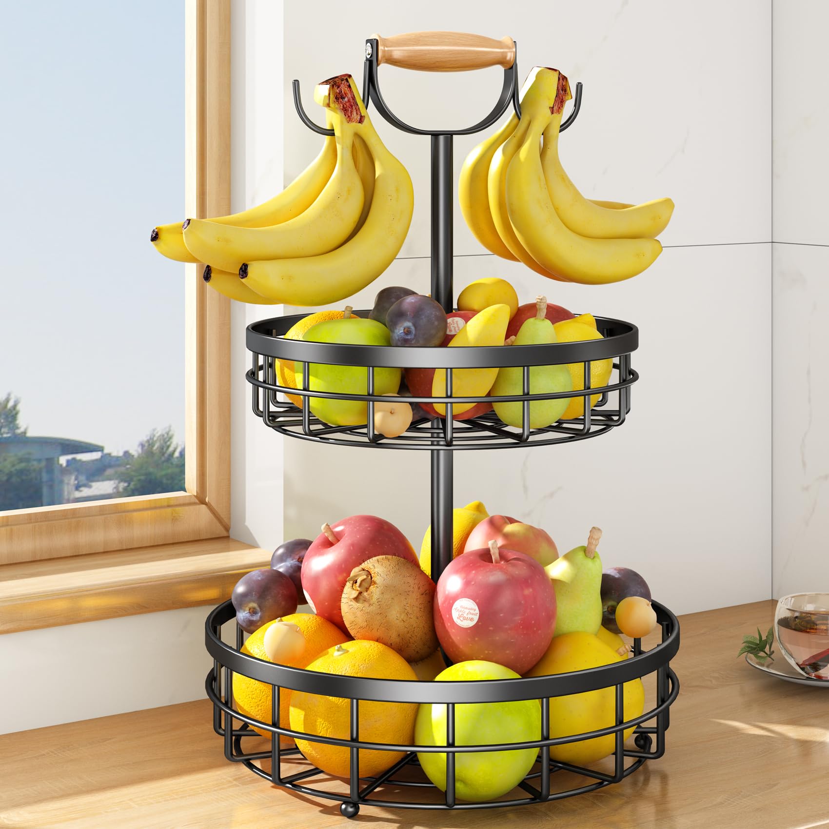 SAYZH 2-Tier Fruit Basket Bowl Vegetable Storage with Dual Banana Tree Hanger and Wood Lift Handle, Kitchen Countertop Metal Wire Basket for Bread Onions Potatoes (Black, 2 Tier)