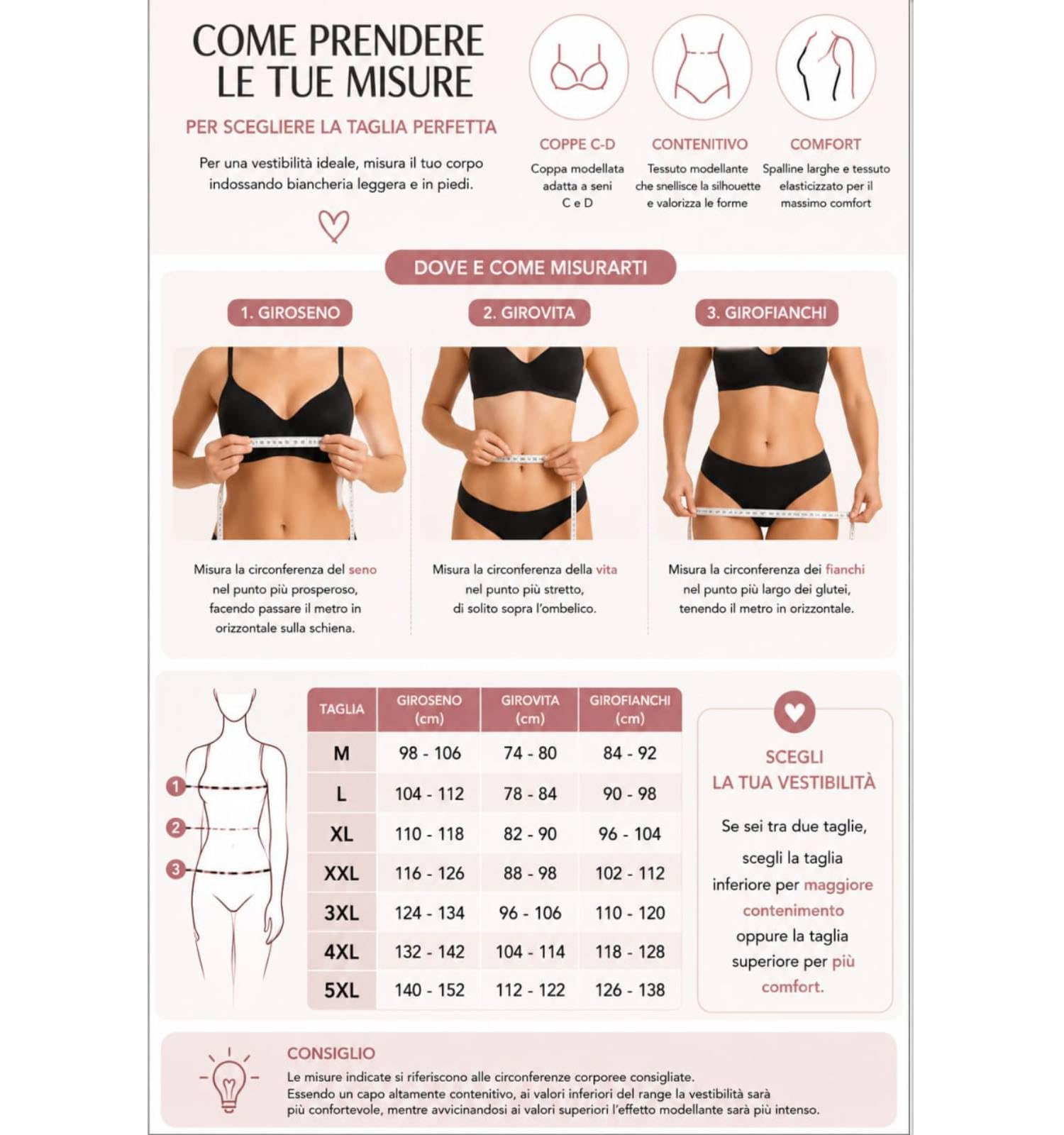 Body Contenitivo Donna con Coppe C/D Guaina Modellante con Ganci e Cerniera Frontale, Sostegno Schiena e Addome, Effetto Snellente, Made in Italy