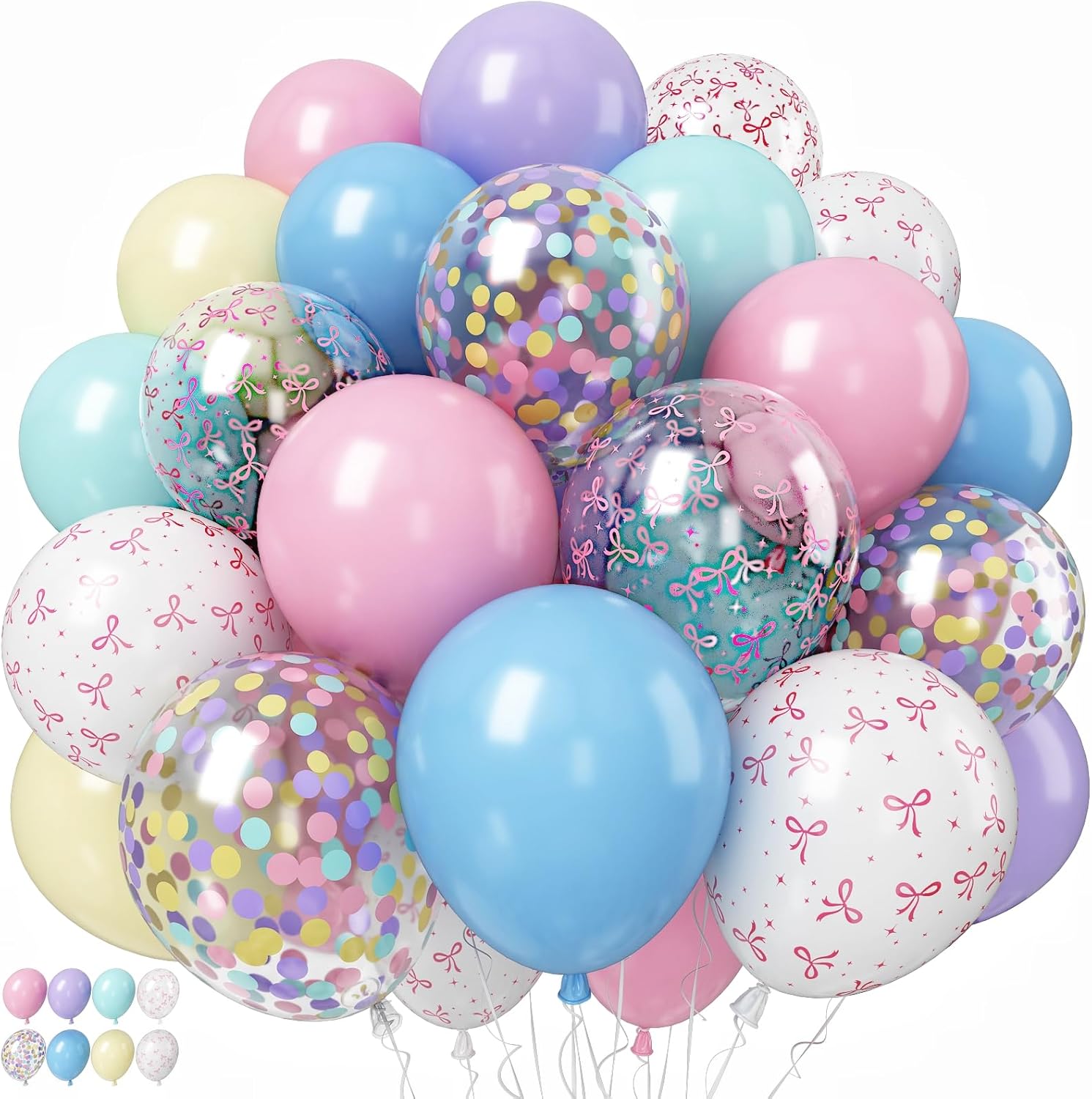 Pastel Bow Balloons Macaron Rainbow Balloon Birthday Decorations, 55 Pcs 12 In Pastel Colorful Pink Bows Print Balloon Blue Purple Yellow Confetti Balloon for Kids Girls Princess Easter Bridal Shower