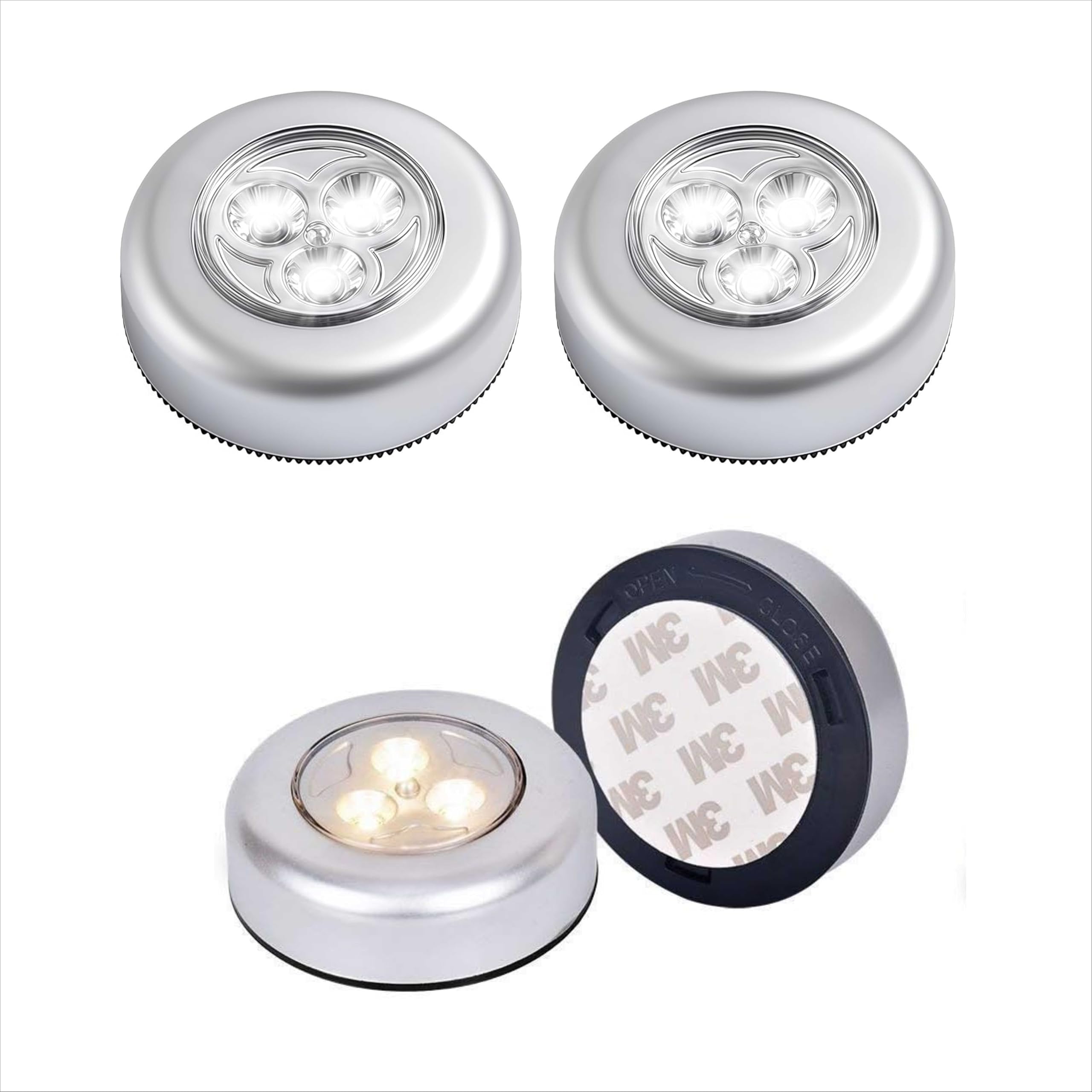 4 Pack Stick-On LED Push Light, Battery Powered Wireless Touch Night Light with Self-Adhesive Base, for Closets Cabinets Kitchen Stairs Wardrobes, Easy No-Cord Installation [Energy Class B]