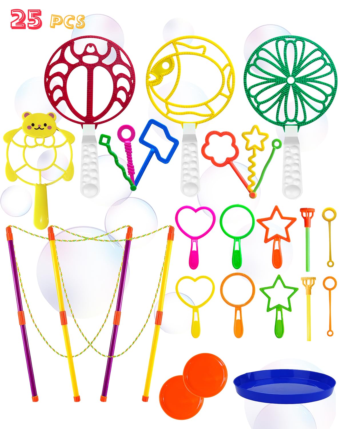 Big Bubble Wands Set, Big Bubbles Wand Toy Sets with Tray Bulk Funny Large Bubble Making Toys for Kids Adult Summer Outdoor Playtime Activity Party Favors Gifts Birthday Games, 25Pcs