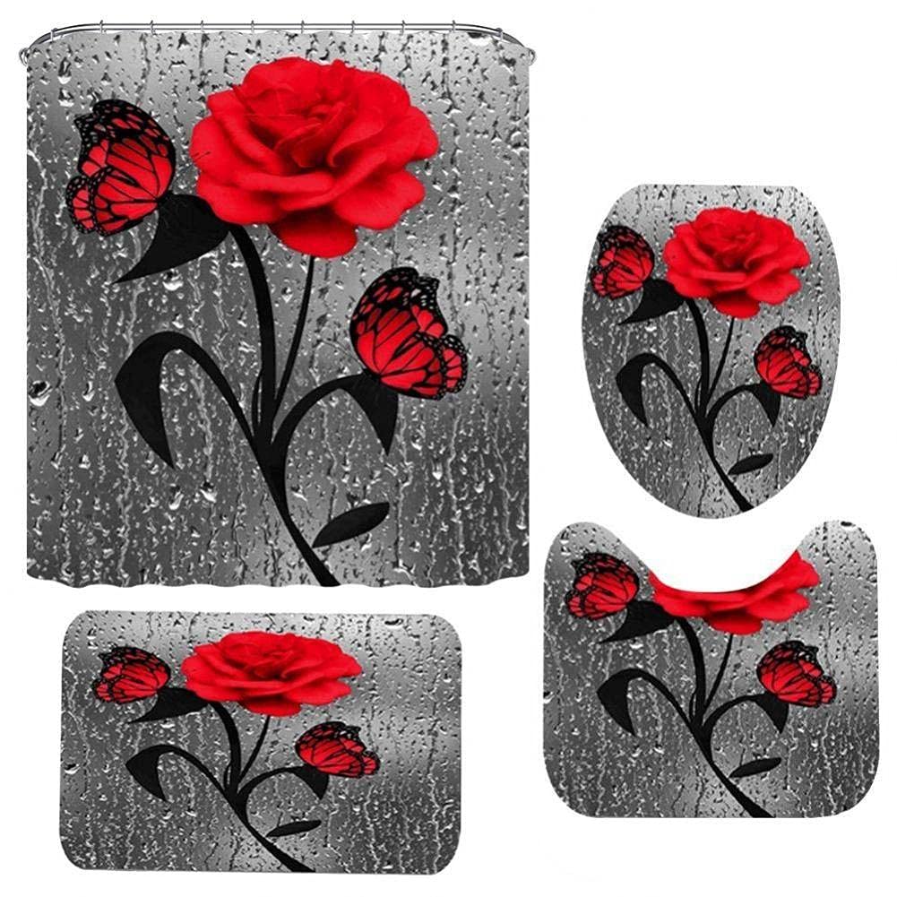 Rideau de douche rose rouge et tapis assortis pour une salle de bain florale et chic