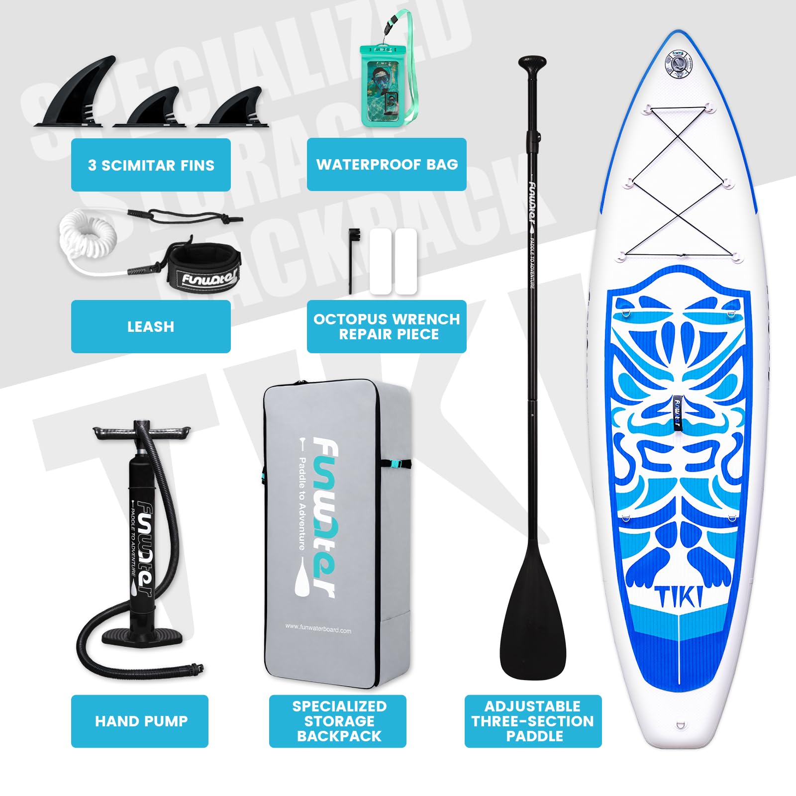 FunWater Deska do wiosłowania 10'6" i 11'6", wielofunkcyjna deska do wiosłowania z płetwami, liną kostną, pompką SUP, wiosłem, plecakiem Sup, na wszystkie poziomy umiejętności