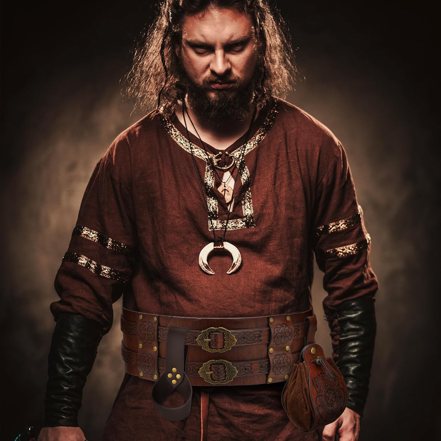 Sweetude 3 Pcs Medieval Viking Belt Renaissance Belt Pouch Sword Set for Men Embossed Pu Leather Set for Halloween Knight Warrior Pirate Cosplay Dark Brown - Image 4