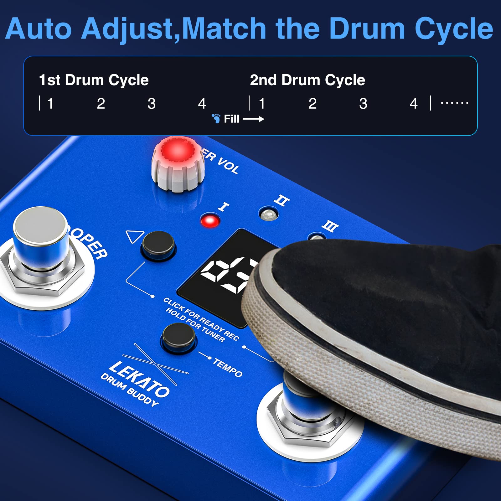LEKATO Drum Looper Pedal con Tuner, 4 Loops 11 Minutes Loop Pedal con Drum Machine 30 Drums con App per personalizzare modificare e salvare il groove di batteria per chitarra elettrica e basso
