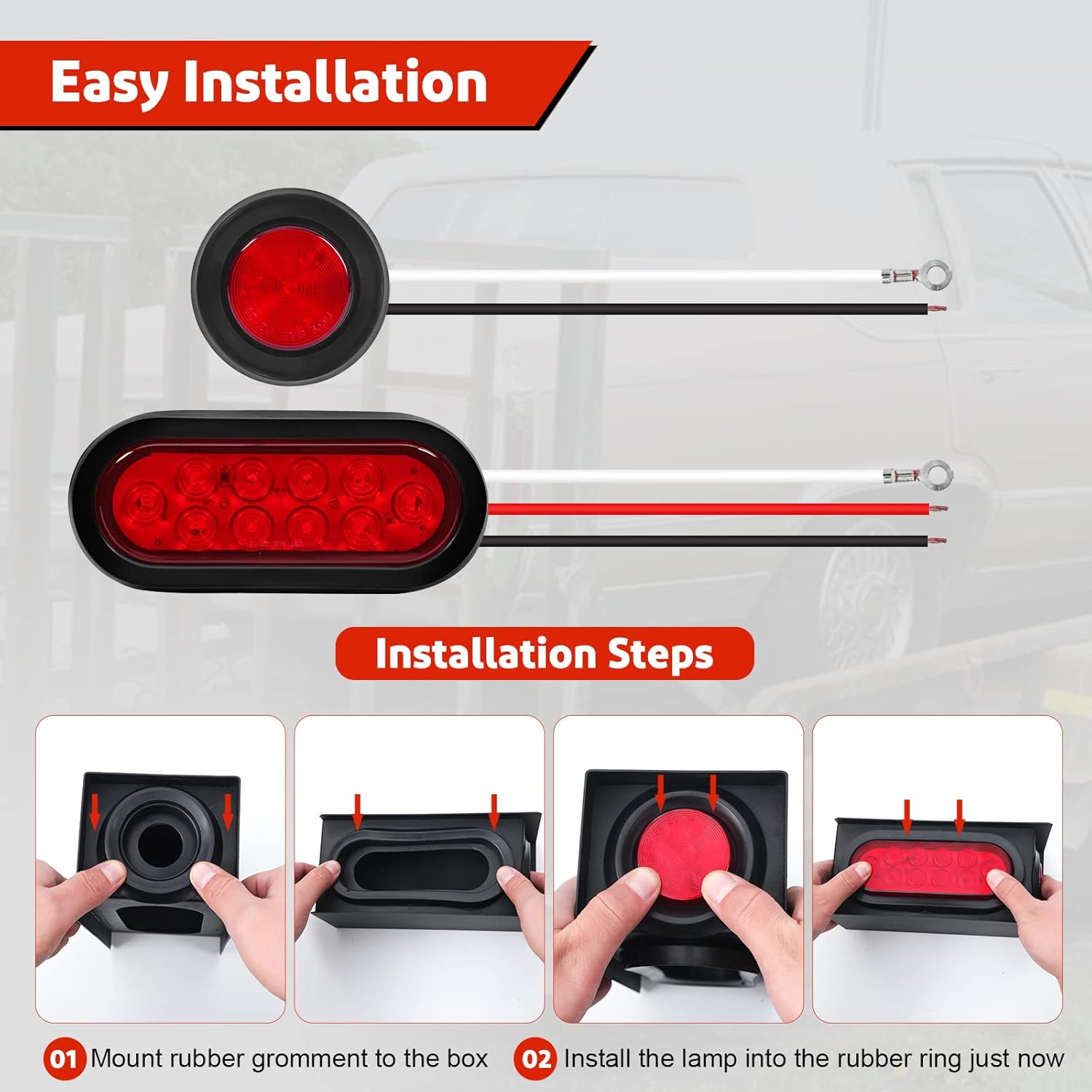 LIMICAR Steel Trailer Lights Boxes Housing Kit with 6 Inch Oval Red LED Trailer Tail Lights 2 Inch Round Red LED Side Marker Clearance Lights, Included Grommets Wire Pigtails Connectors
