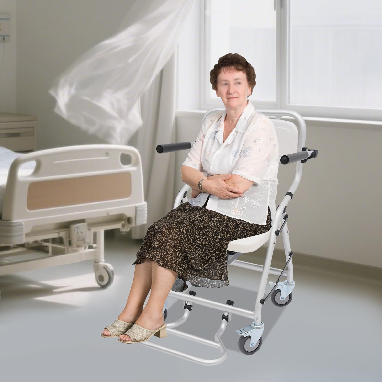 Taburete de ducha plegable con ruedas, silla de ruedas con accesorio de inodoro, 150 kg, soporta 4 ruedas con frenos, aleación de aluminio, impermeable, para personas mayores y con movilidad reducida