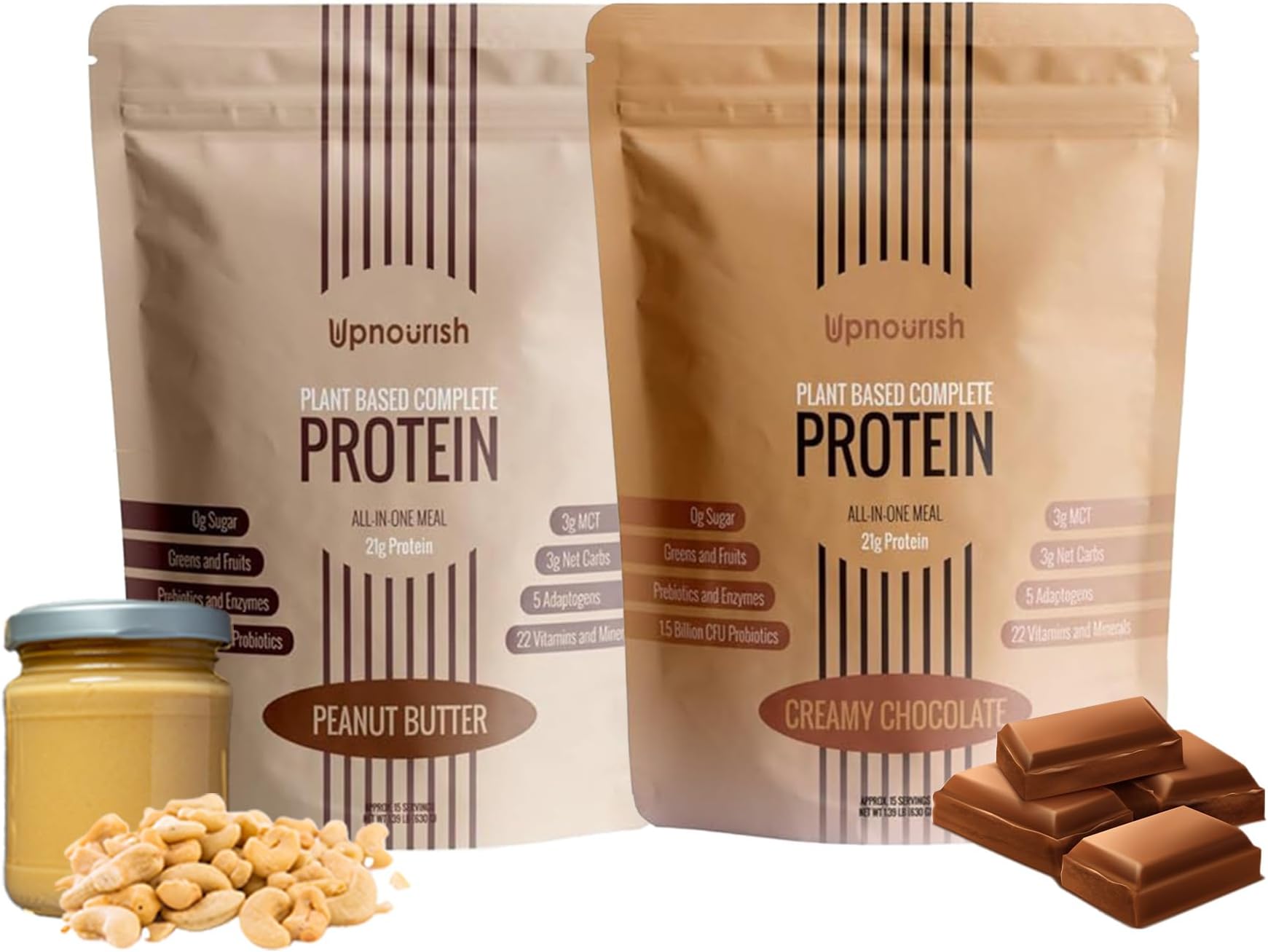 UpNourish Plant-Based Protein Meal Replacement Shakes - Keto, Vegan-Friendly, Gluten and Dairy-Free Smoothies with Essential Nutrients - Chocolate and Peanut Butter - 15 Servings Each