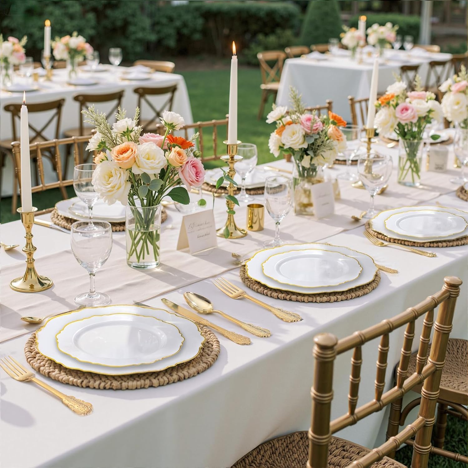 WDF 100pcs Gold Plastic Plates - High-end Baroque Design - Heavy Duty White &Gold Wedding Plates Set Ideal for Weddings/Party/Bridal Shower/Valentine's Day - Image 4