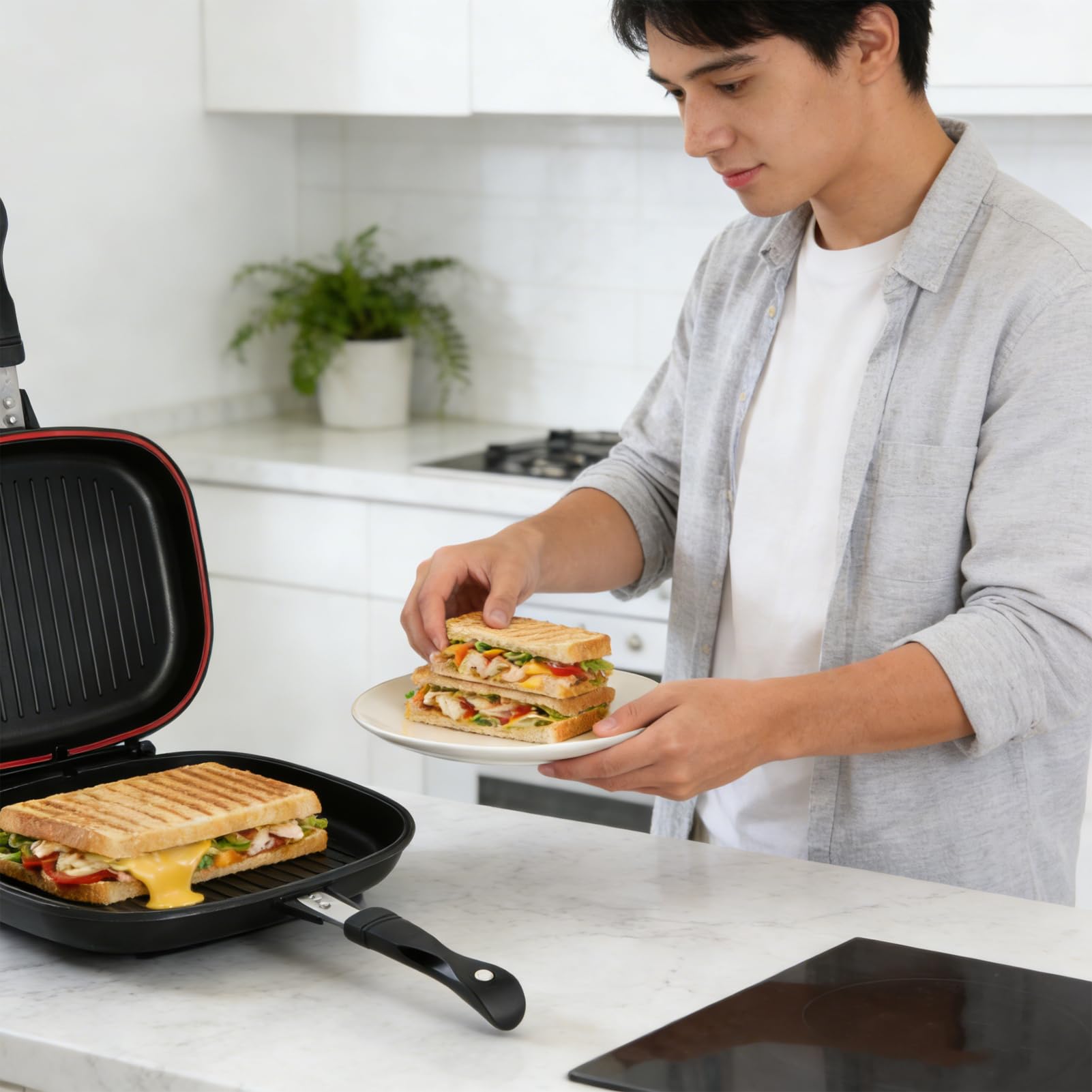 ZJchao Partita de Doble Cara, Sartén Cuadrado 32 Cm/12.6 Pulgadas de Sartén para Cocinar Suministros Cocina Cocina la Parrilla la Parrilla para Cocinar Caseros