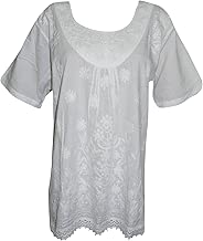 Mogul Interior Women's Tunic Top White Embroidered Short Sleeves Kurti Blouse Shirt XL