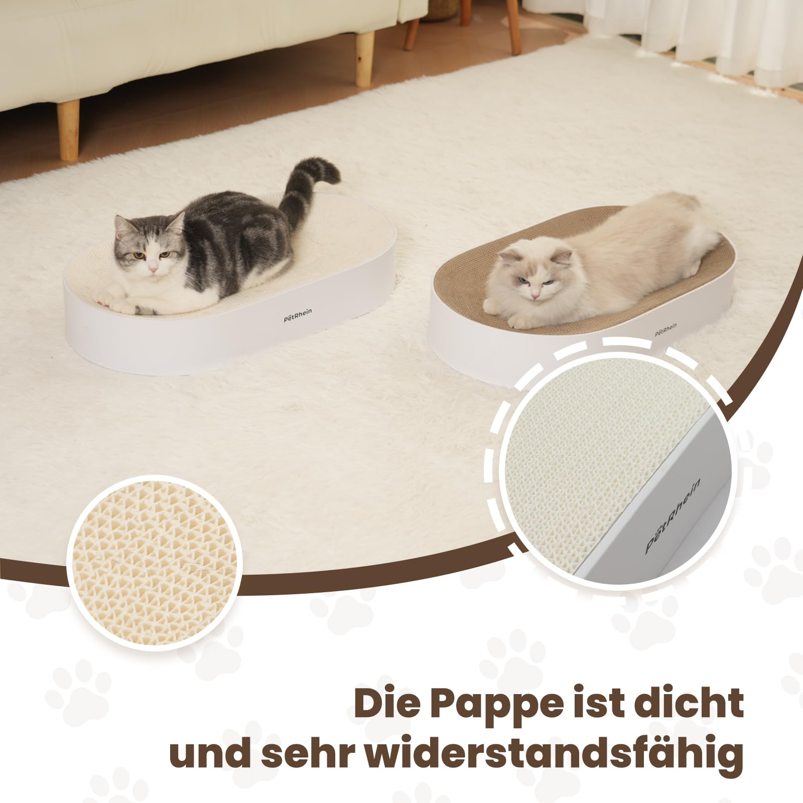Zen Paw Kratzbrett und Katzenbett 63x35cm – Ergonomische Kratzpappe aus Wellpappe, wasserfeste Basis, schadstofffrei und langlebig, XL Kratzmöbel, Weiß