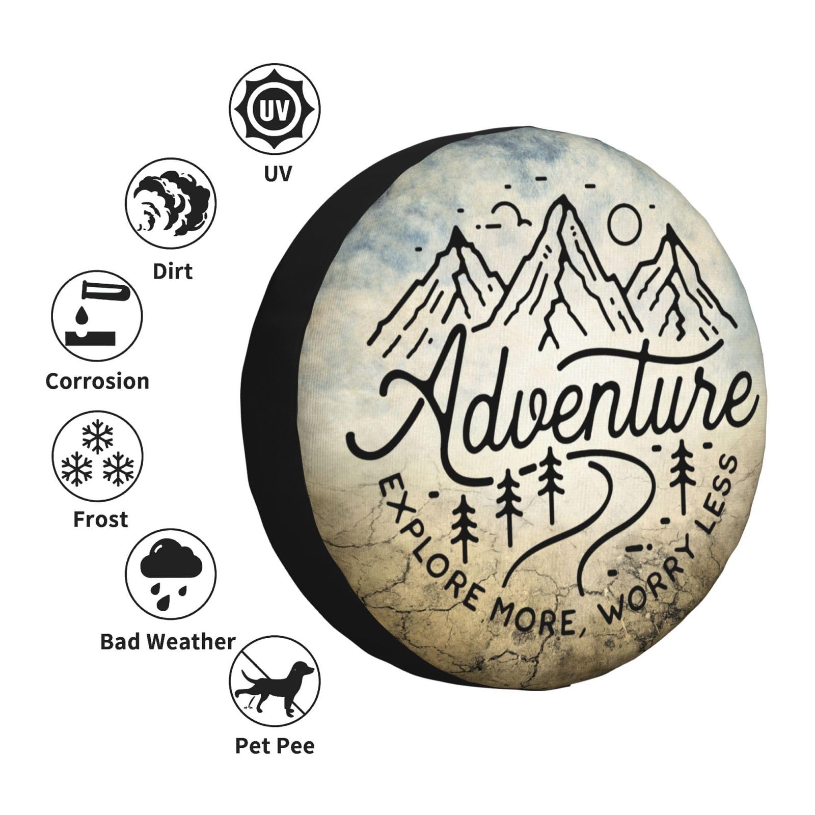 OwnBosy Adventure RV Spare Tire Cover Suitable for RV Truck SUV Trailers Camper Off-Road Vehicle Adjustable Elastic Tire Cover (Adventure Awaits, 15in Suitable for tire Diameter 27in-29in)