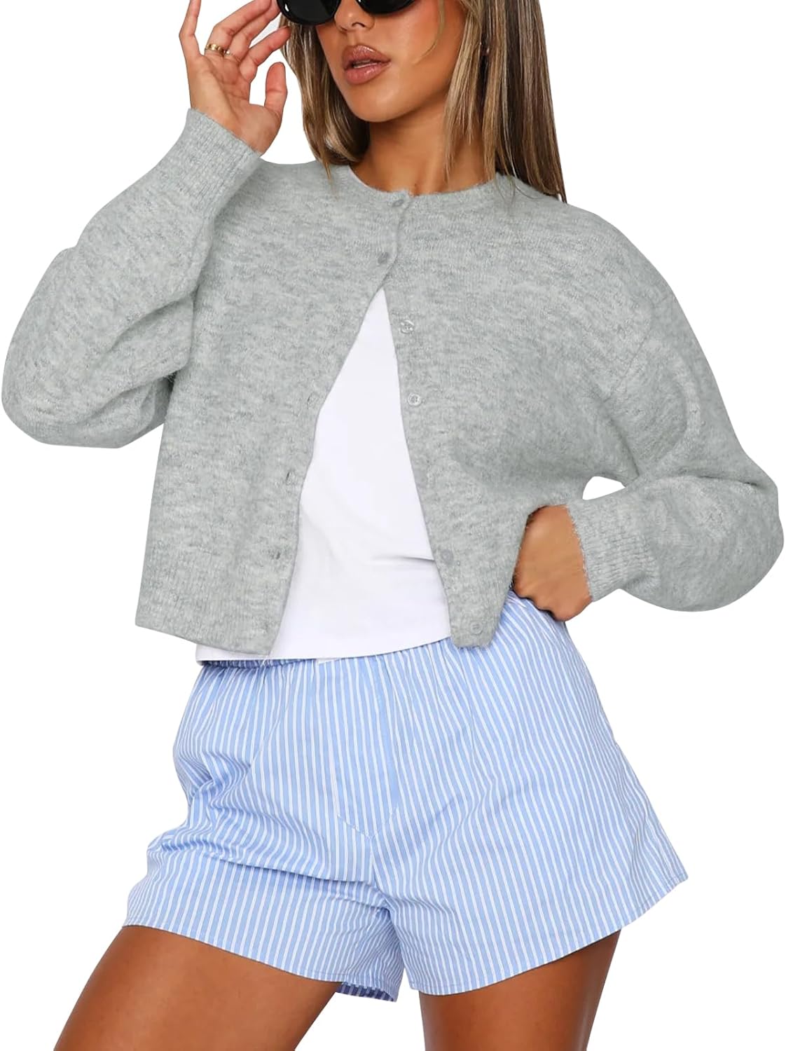 Balimtoy Women’s Cropped Cardigan Sweaters Long Sleeve Button Down Sweaters Knit Cardigan Cute Y2k Open Front Crop Top