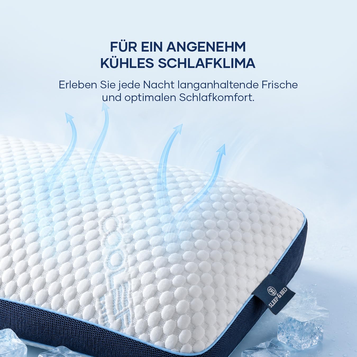 SLEEP & BED Kühlendes Kopfkissen 40x60 cm, Ergonomisches Memory Foam Kissen, Kühlkissen gegen Nachtschweiß, Atmungsaktives Nackenkissen für Seiten-, Rücken- & Bauchschläfer, Waschbarer Bezug