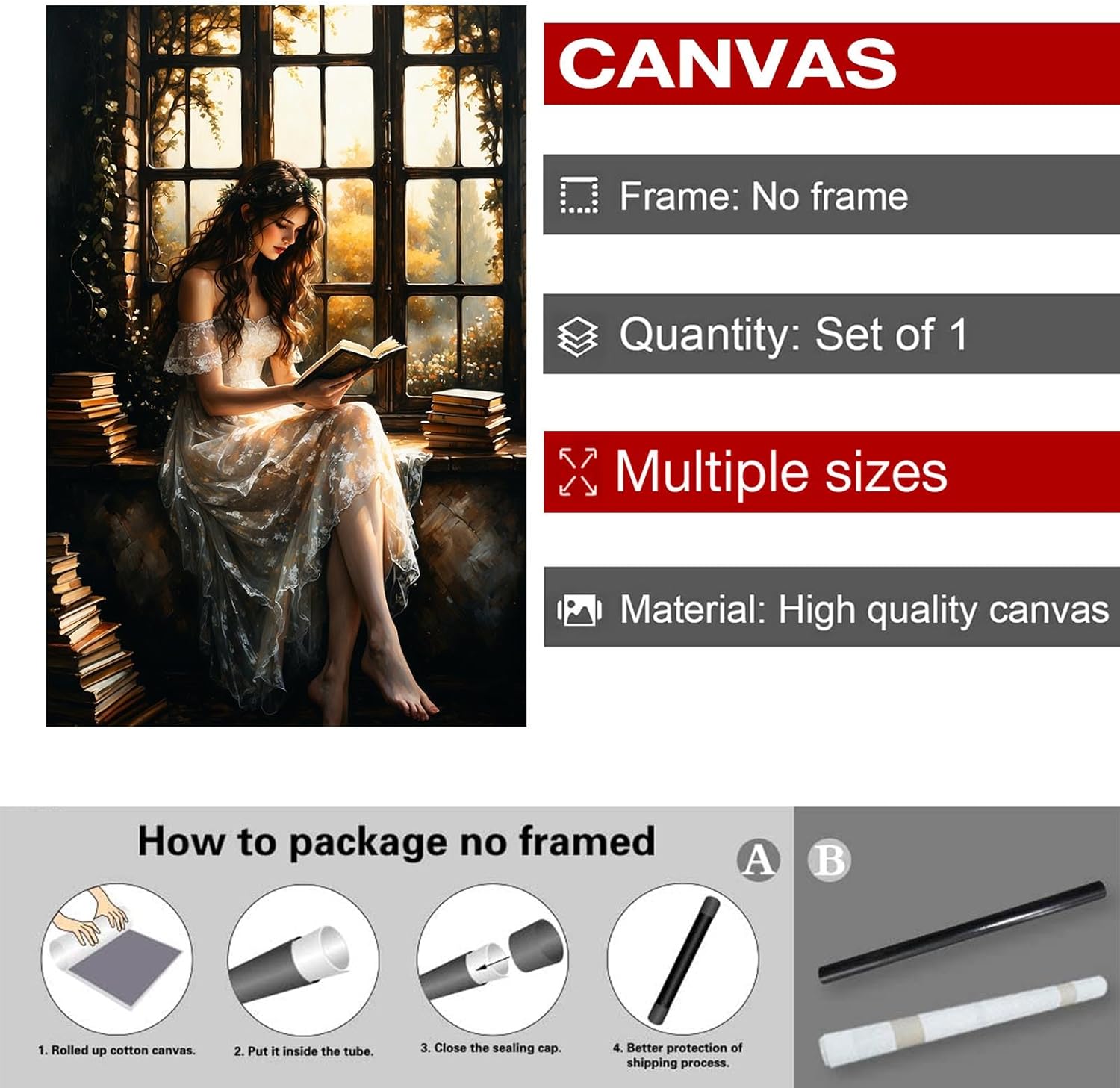 Dark college reading girl canvas melancholy book lover wall art vintage library illustration gothic study room decor melancholy retro poster brown tone gallery art28x40in Frameless - Image 8