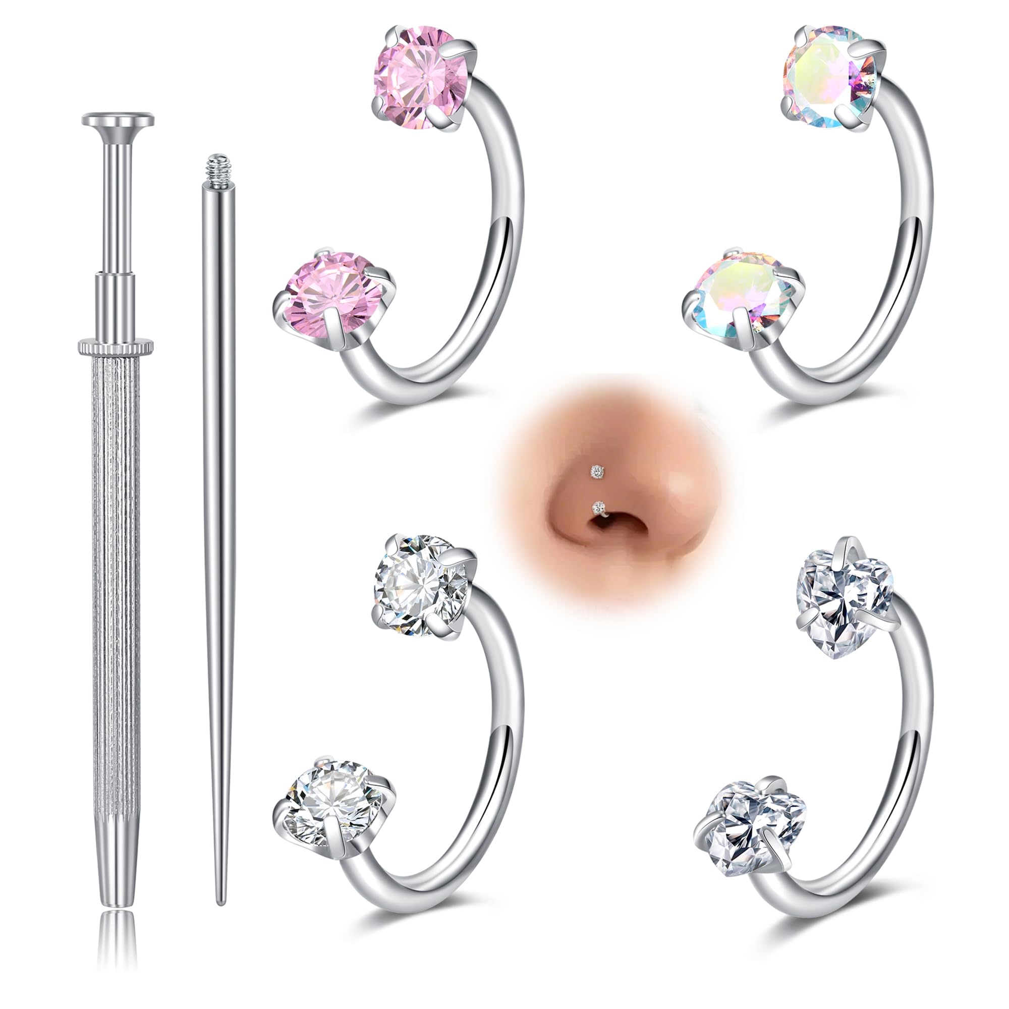 Longita 20g 18g Horseshoe Nose Ring for Women Double Gem Horse Shoe Nose Ring Hoop Surgical Steel Silver
