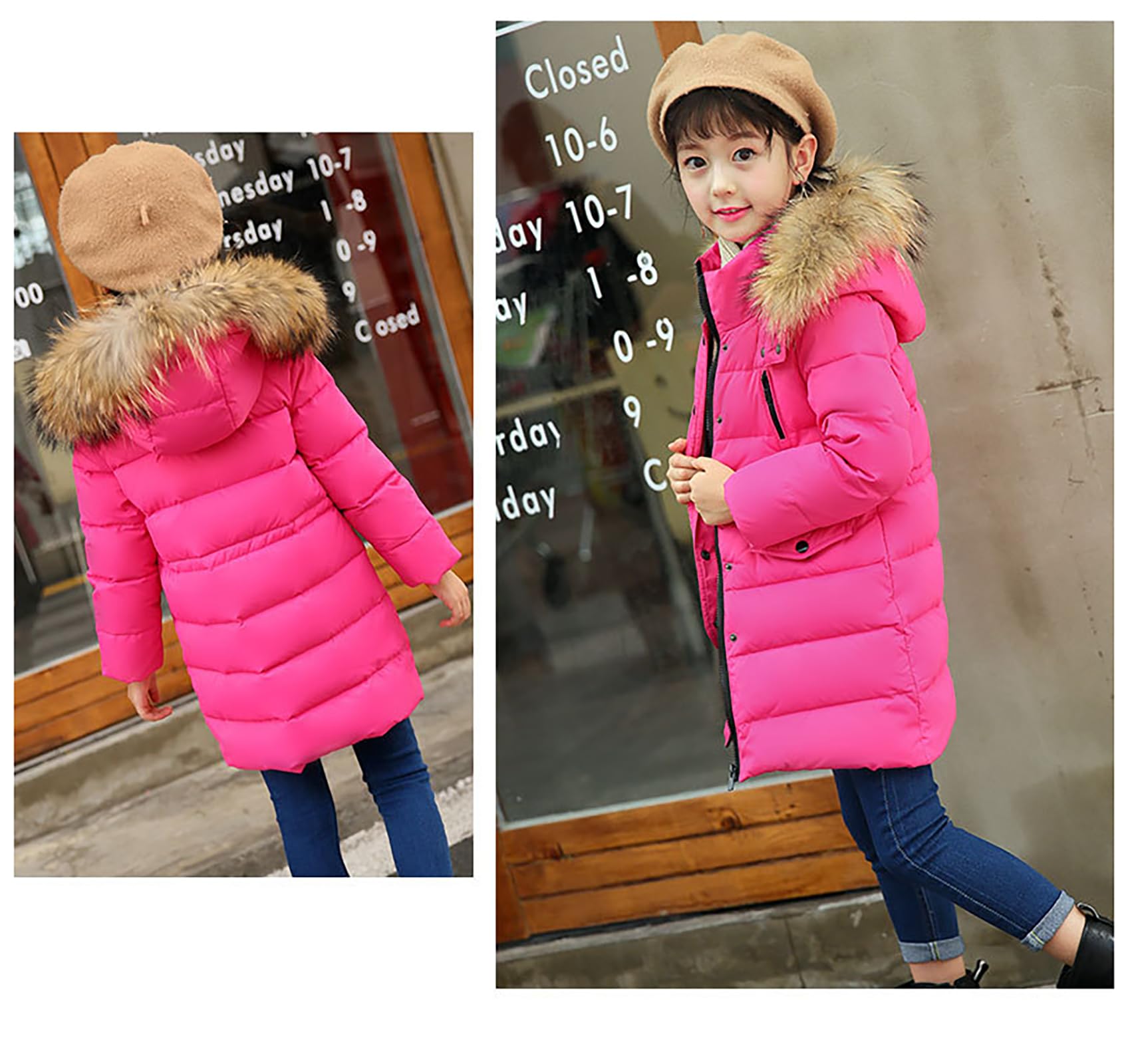 Abrigo para niño y niña, chaqueta de plumón largo, grueso, abrigo con capucha, piel cálida para invierno de 2 a 13 años, rosa rojo, 9-10 Años