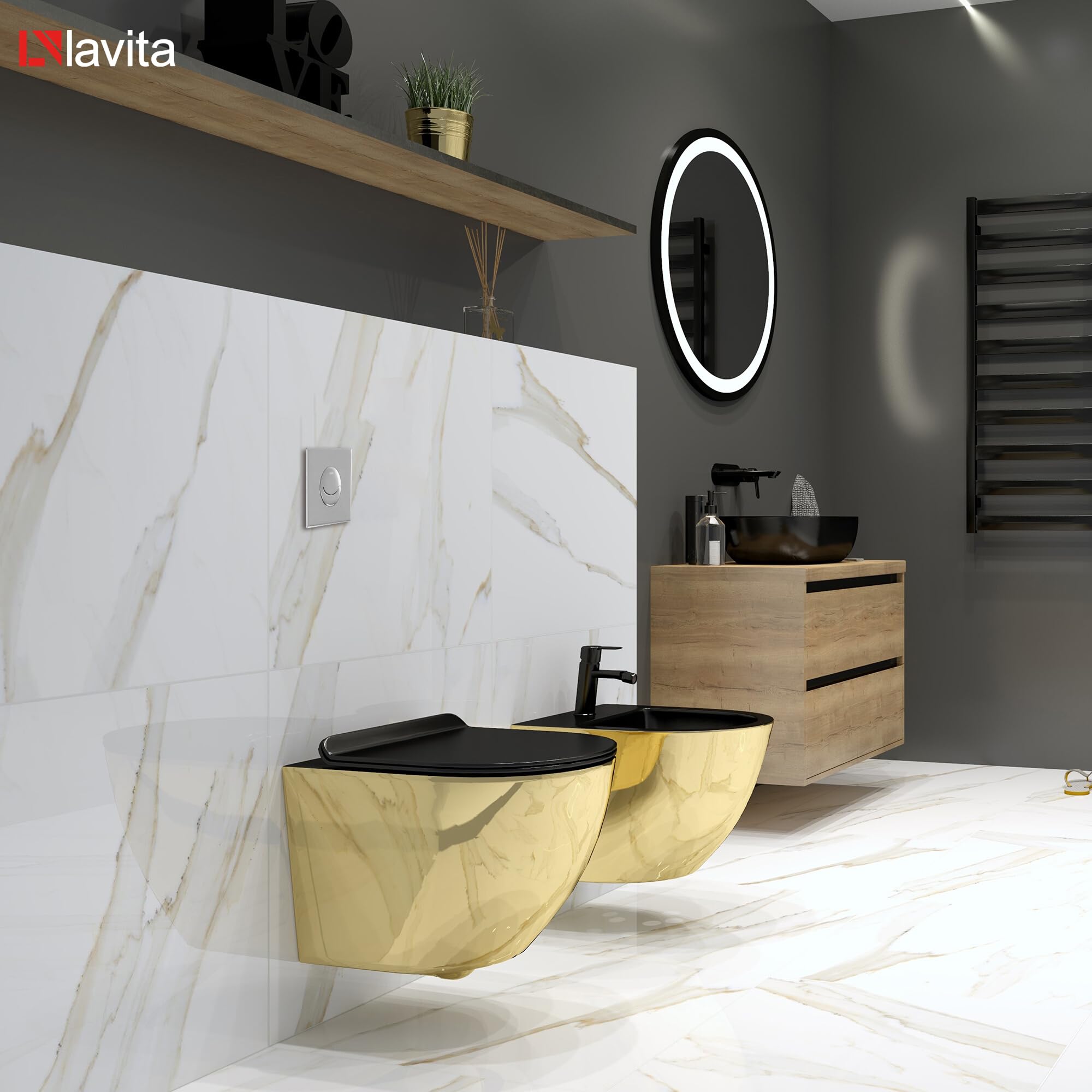 Lavita Vorwandelement Solido Start + Wand Hänge WC Sofi Slim Gold/Black Spülrandlos + WC Sitz mit Absenkautomatik Verchromter Knopf Komplettset Unterputz Spülkasten Toilette Komplett Sett WC