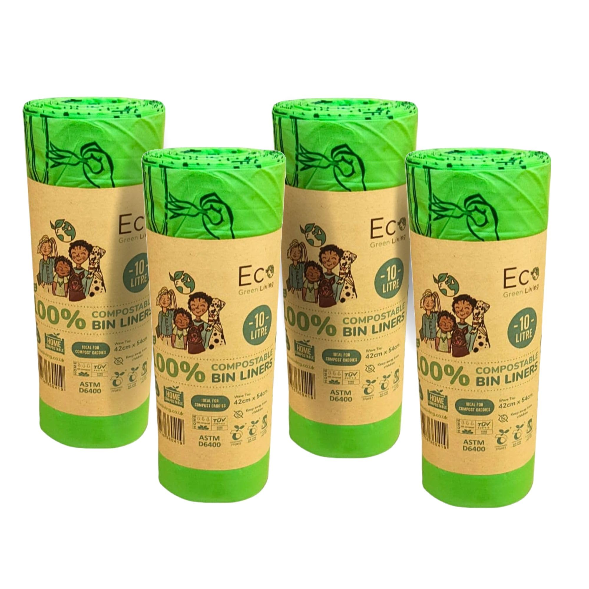 Ecogreenliving Green Caddy Bags (10 Litre) 100% Compost Friendly & Zero Plastic Bags - Friendly To The Planet - Perfect For Food Caddies & Swing Bins With Handles (4 Rolls Of 72 Bags)