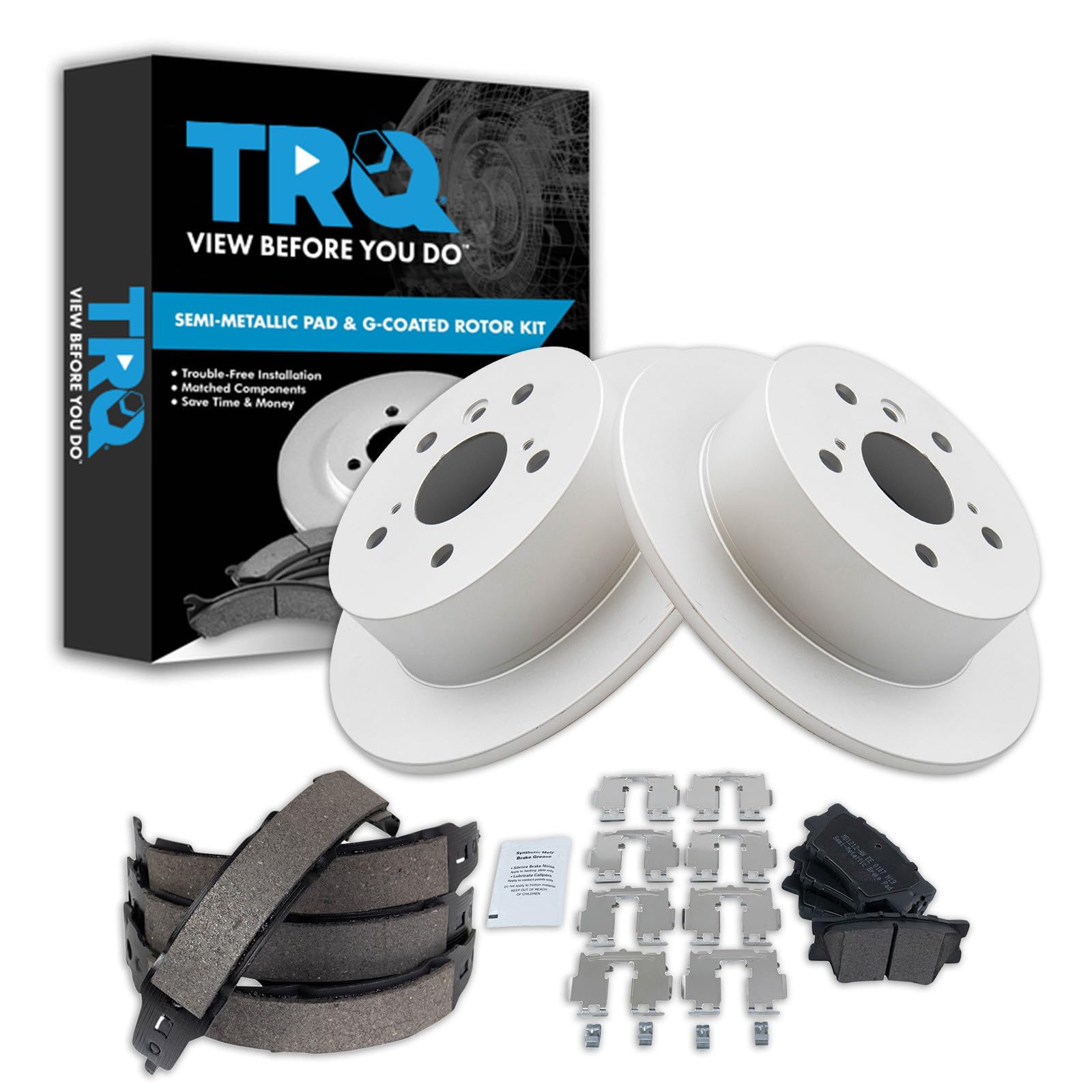 TRQ Rear Brake Pad and Rotor Set Semi Metallic G Coated Rotors Parking Shoe Compatible with 2013-2018 Lexus ES300h ES350 Toyota Avalon 2012-2017 Camry