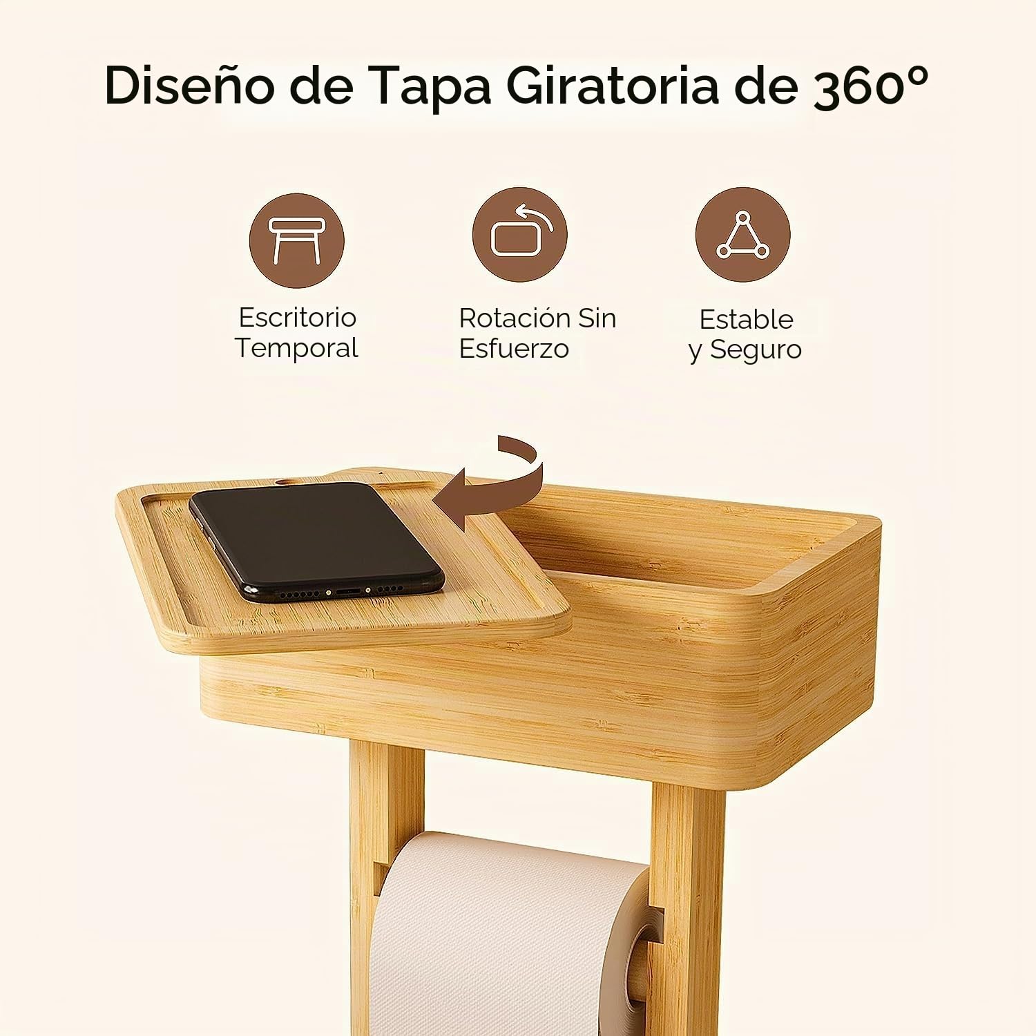 Portarrollos de papel higiénico 4 en 1 con caja de almacenamiento, organizador de papel higiénico de pie de bambú para baño, escritorio temporal