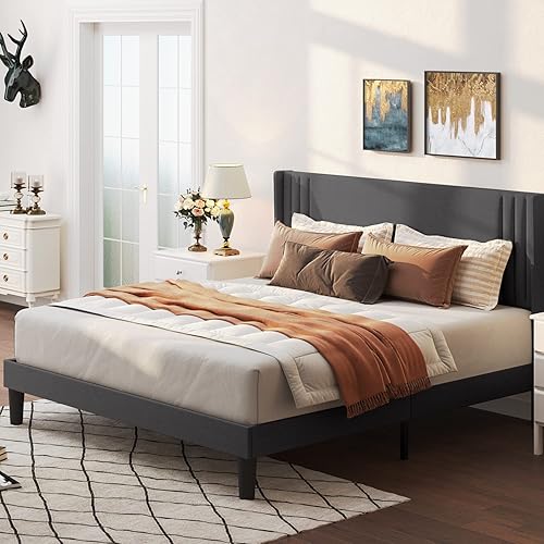 Gizoon Base de cama Queen con cabecera de ala, plataforma tapizada con cabecera geométrica moderna, listones de madera, sin ruido, no necesita