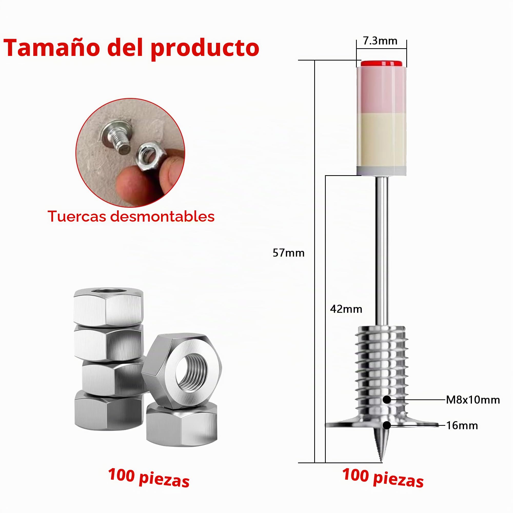 Clavos para pistola de clavos con tuercas: 100 clavos redondos de 7,3 mm para mini pistola de clavos de aire comprimido para techos, paredes, paredes de acero (plata, 100 unidades)