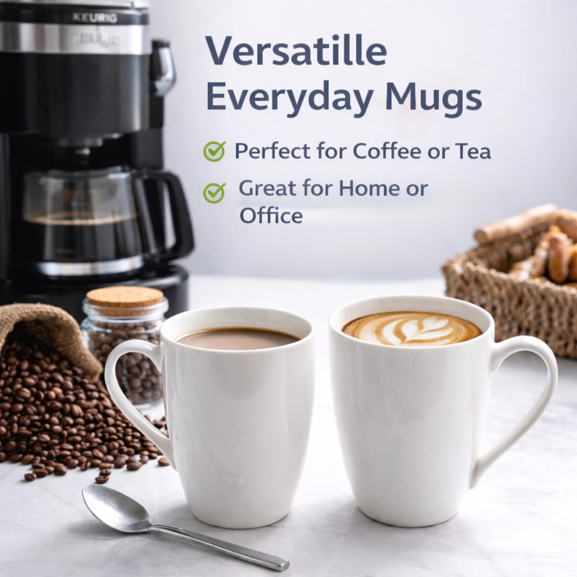 GBHOME 12 OZ Tazas de café color marfil, juego de tazas de café de cerámica con mango grande para hombre, mujer, papá, mamá, tazas de café ligeras para café con leche/capuchino/cacao/leche, aptas para