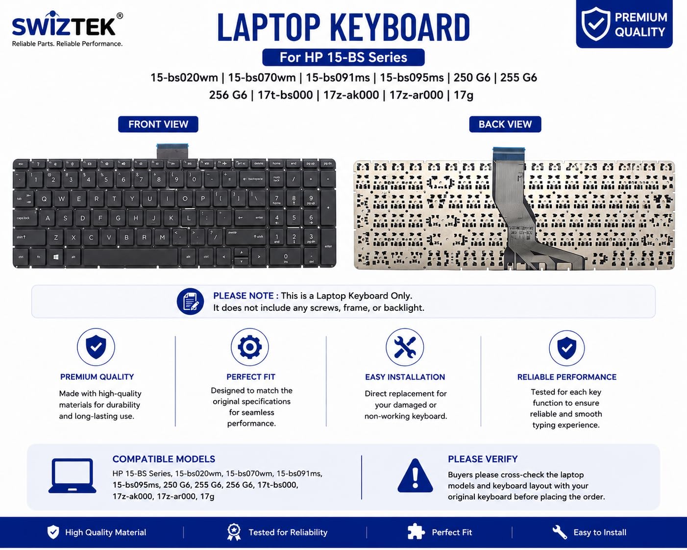 Swiztek Laptop Keyboard for HP 15-BS 250 G6 255 G6 256 G6 17t-bs000