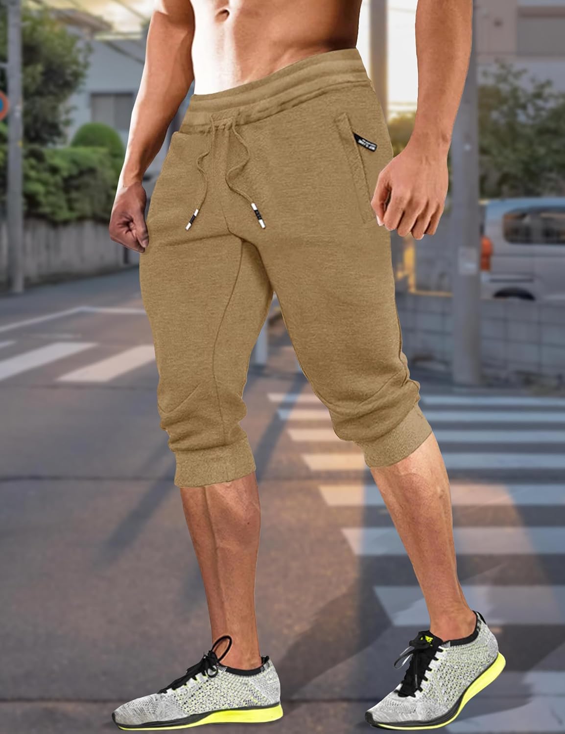 FASKUNOIE Men's Cotton Casual Shorts 3/4 Jogger Capri Pants Breathable Below Knee Short Pants with Three Pockets