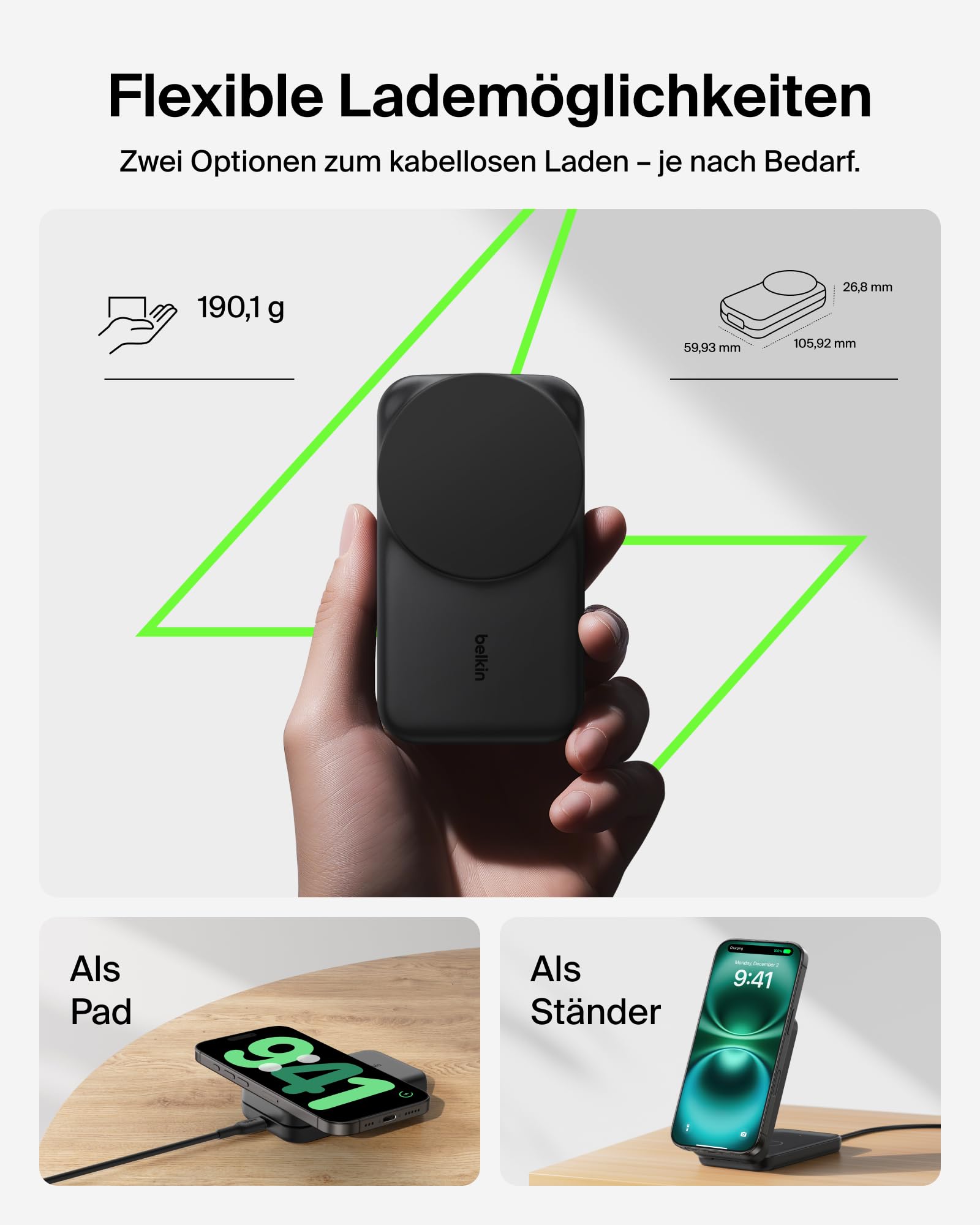 Belkin UltraCharge 3-in-1 Ladestation mit Qi2, 25W, MagSafe Kompatibel, Induktive Ladestation für iPhone 17, iPhone Air, Apple Watch, AirPods, 45W Adapter - Schwarz