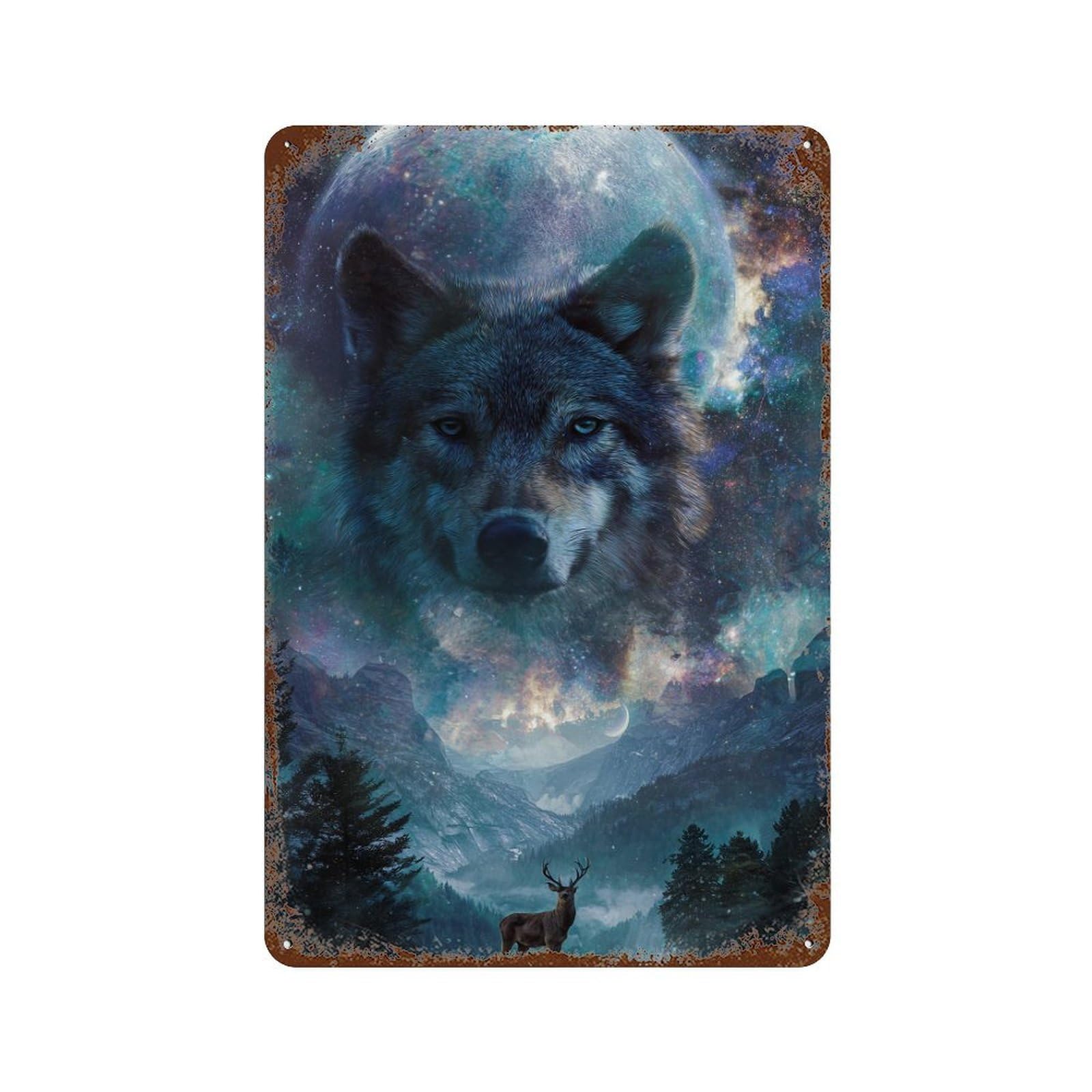 Wolf Moon Fantasy Landscape Rust Effect Tin Sign 11.8"x7.9", Farmhouse Wall Decor for Living Room, Hallway And Home Decor