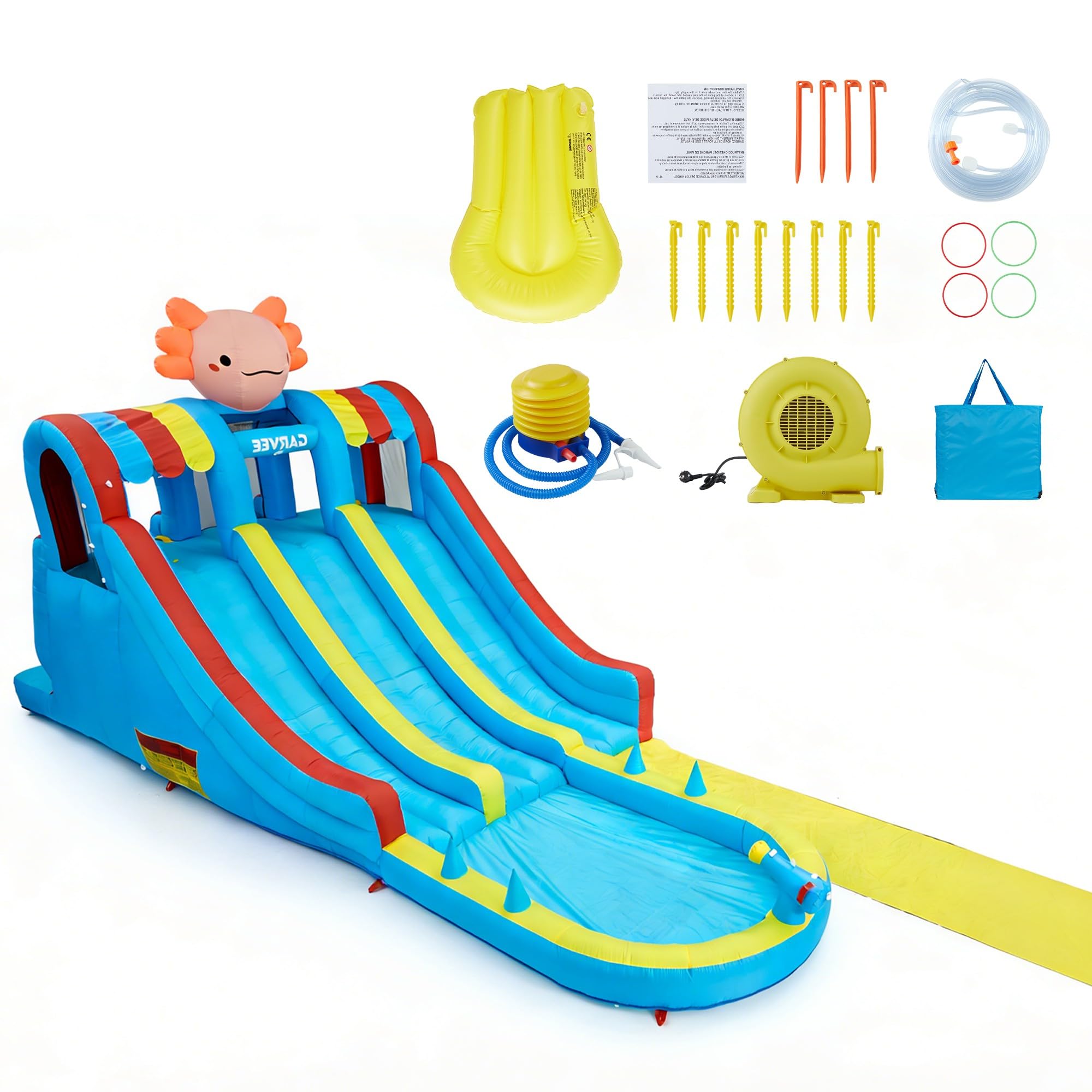 Zstar Parc Aquatique Gonflable Enfants 8-en-1 avec souffleur 550 W – Château Gonflable Hexagonal thème Dragon + 2 toboggans – Mur d’Escalade & Jeux d’Eau – Couleur : 26002 Inflatable Water Park