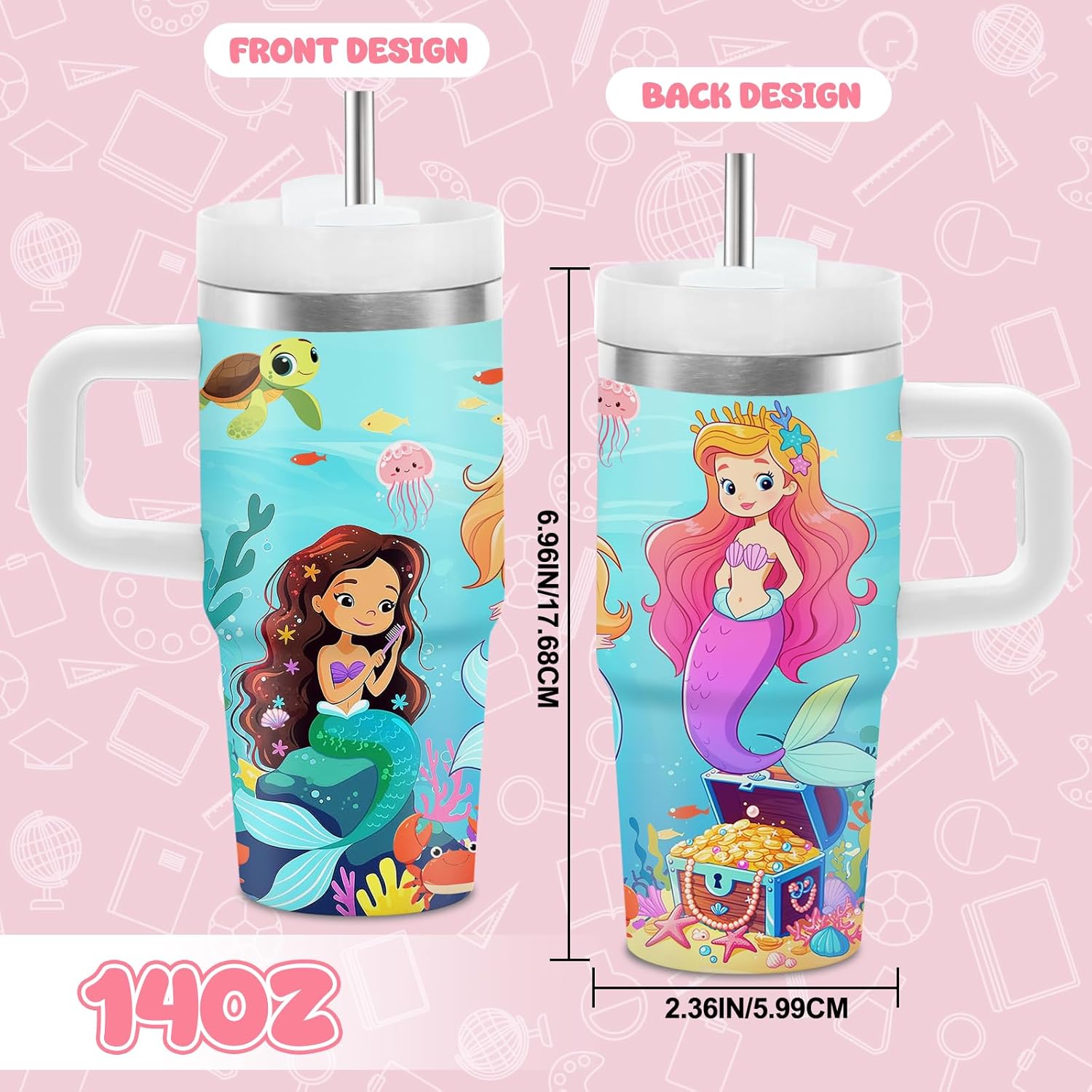 Hiboss Mermaid Tumbler with Handle and Straw for Kids 14oz, Insulated Stainless Steel Little Mermaid Girls Cup Mug, Birthday Christmas Gifts for Kids Girls - Image 2